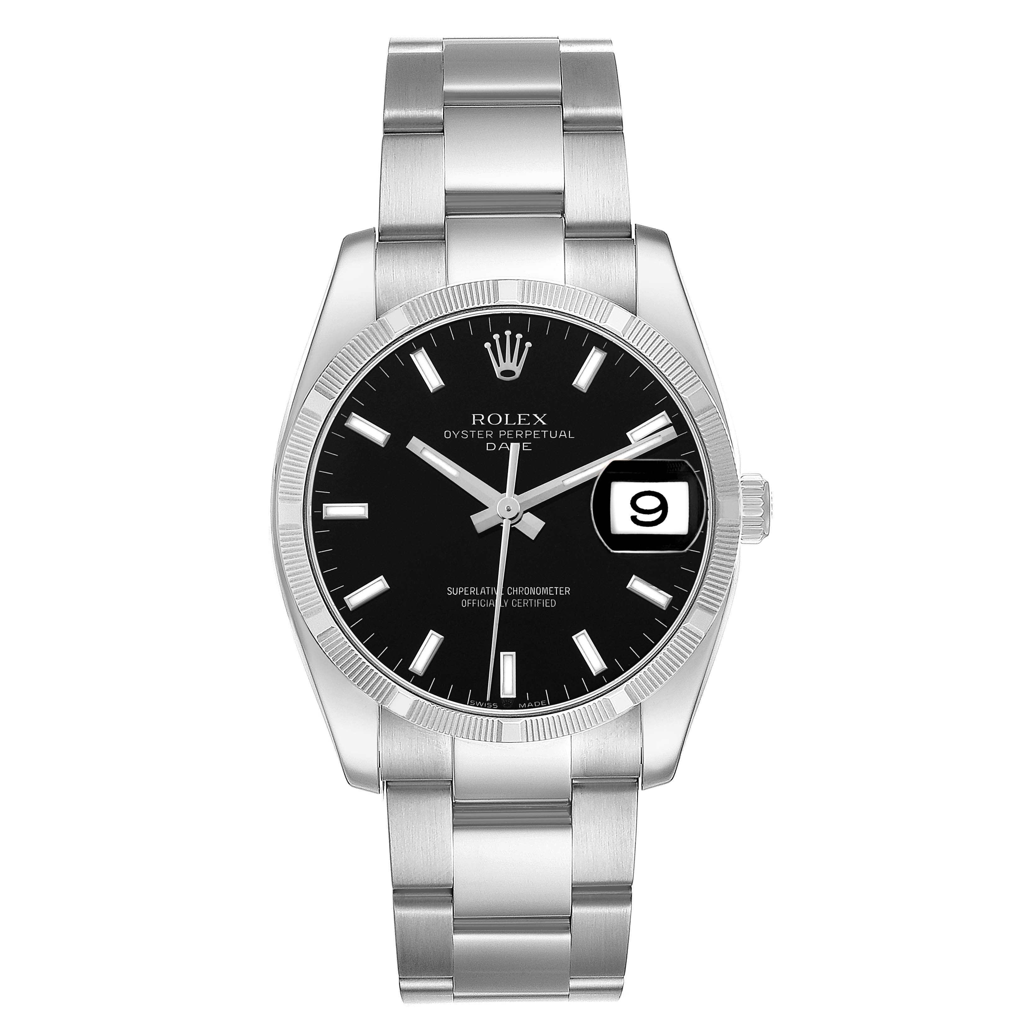 The Rolex Date 115210 Men's Stainless Steel Black Dial watch is shown from a front angle, highlighting the dial, bezel, bracelet, and date feature.