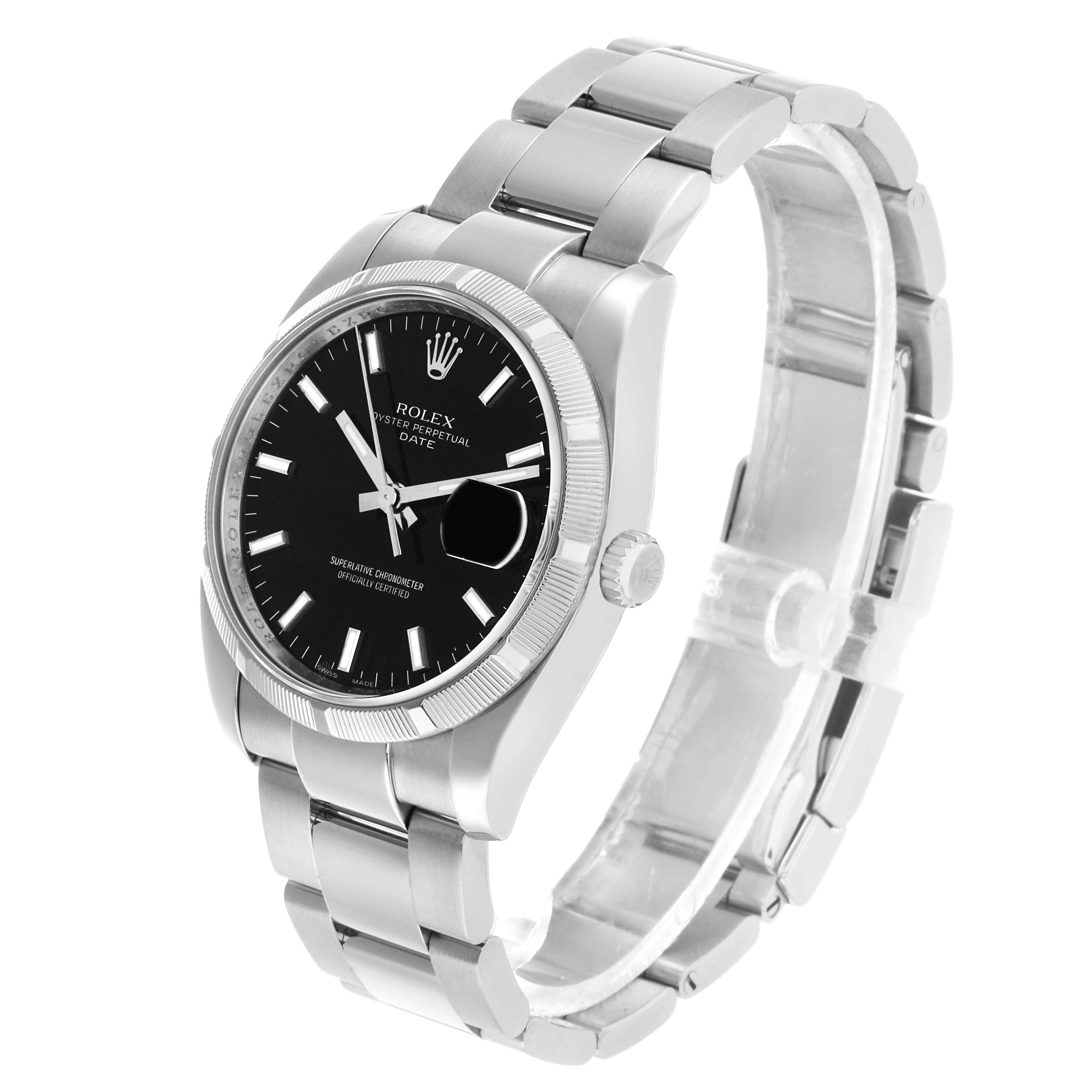 The Rolex Date 115210 Men's Stainless Steel Black Dial model is shown at a slight angle, highlighting the black dial, bezel, and bracelet.