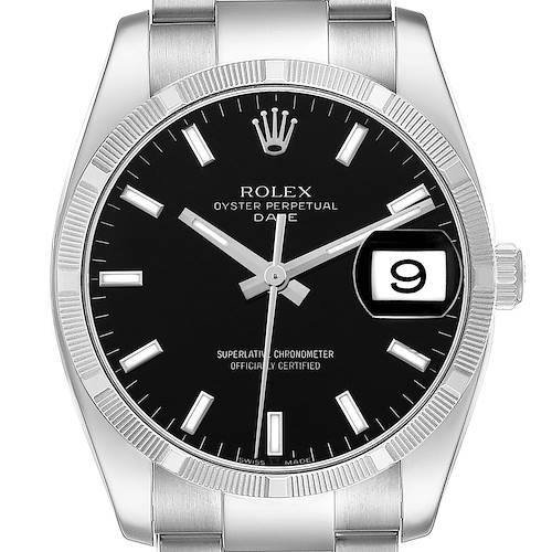 The image shows a front view of the Rolex Date 115210 Men's Stainless Steel Black Dial watch, highlighting the dial, bezel, crown, and part of the bracelet.