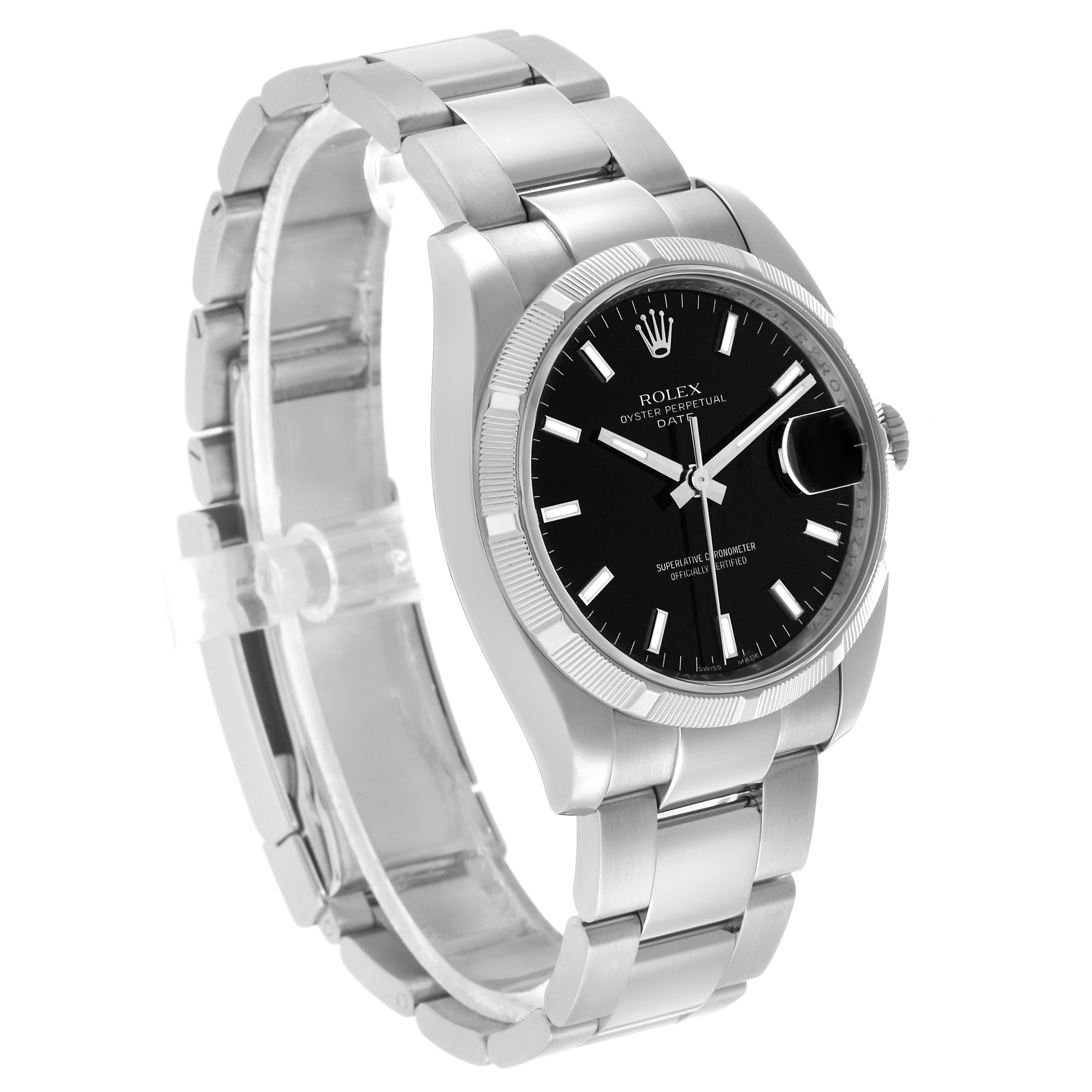 The Rolex Date 115210 Men's Stainless Steel Black Dial watch is shown at a three-quarter angle, highlighting the dial, bezel, and bracelet.