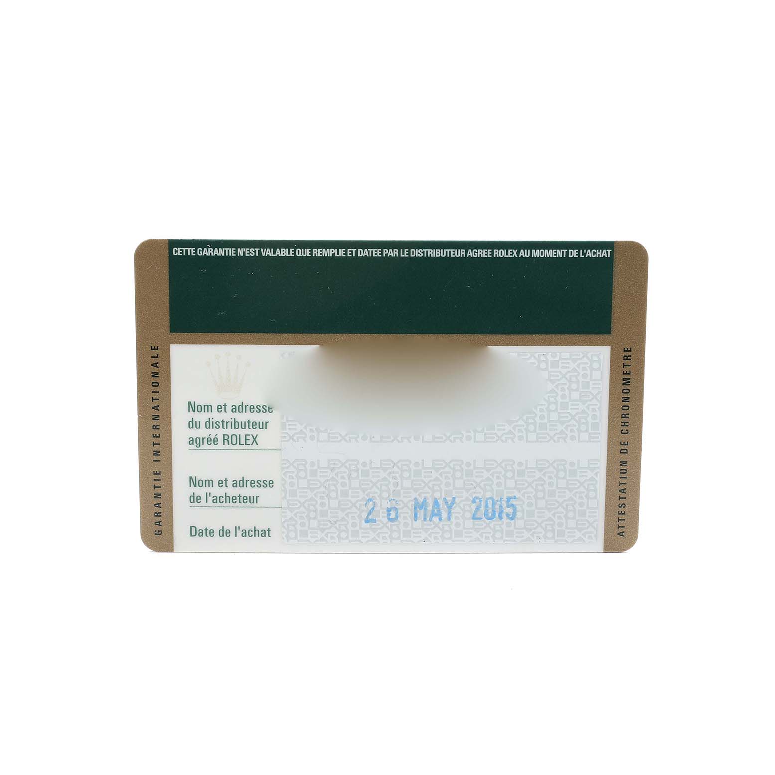 This image shows a guarantee card for the Rolex Date 115210 Men's Stainless Steel Black Dial model, displaying purchase details and branding elements.