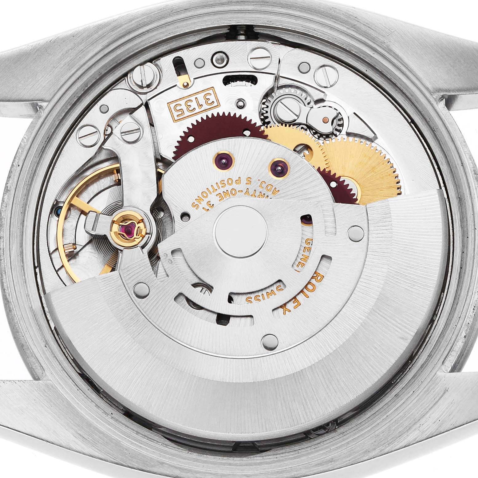 The image shows the movement from the back of a Rolex Date 115210 Men's Stainless Steel Black Dial model, highlighting the gears and mechanical components.