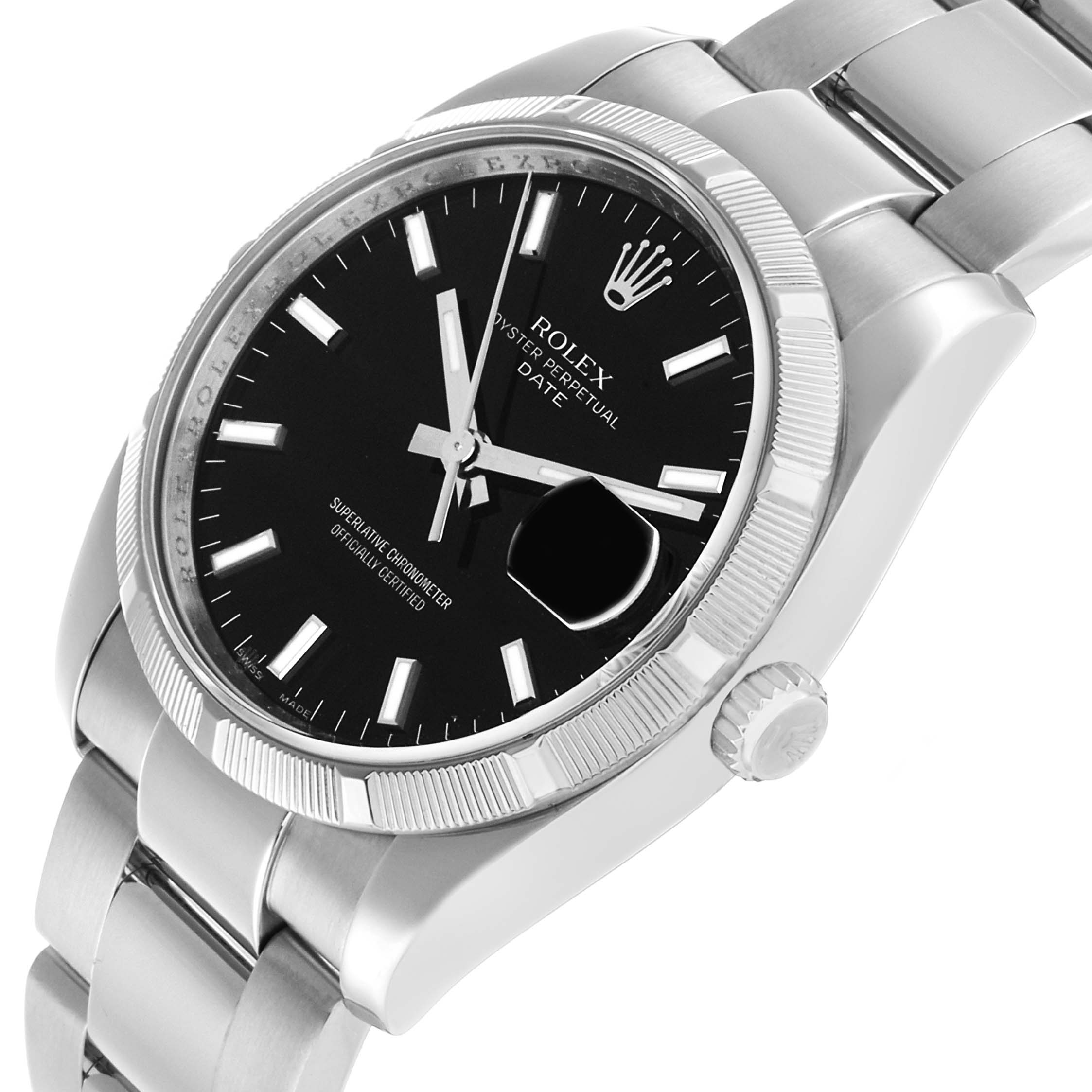 The Rolex Date 115210 Men's Stainless Steel Black Dial model is shown at a three-quarter angle highlighting the black dial, fluted bezel, and stainless steel bracelet.