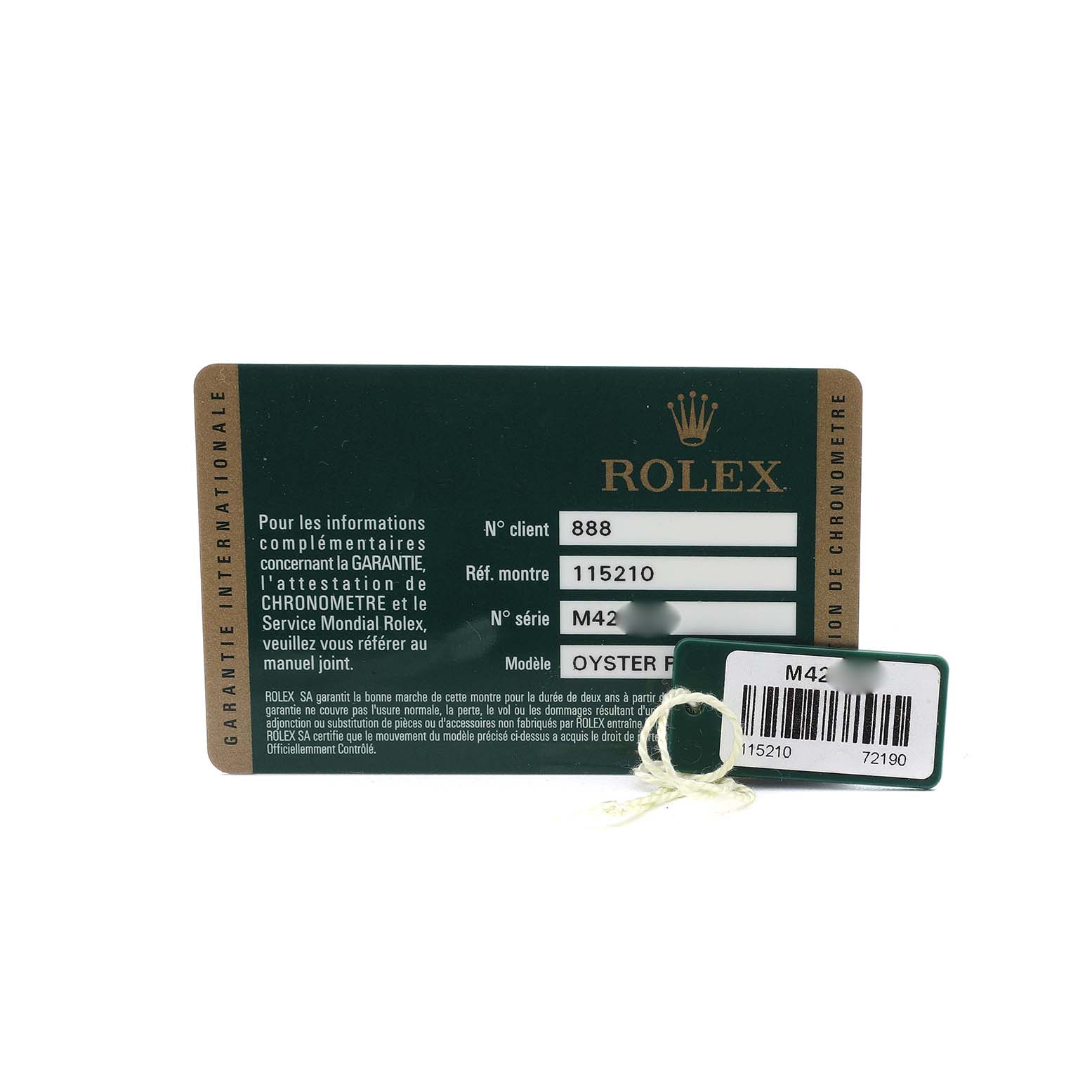 The image shows a warranty card and tag for a Rolex Date 115210 Men's Stainless Steel Black Dial model, detailing customer, reference, and serial numbers.