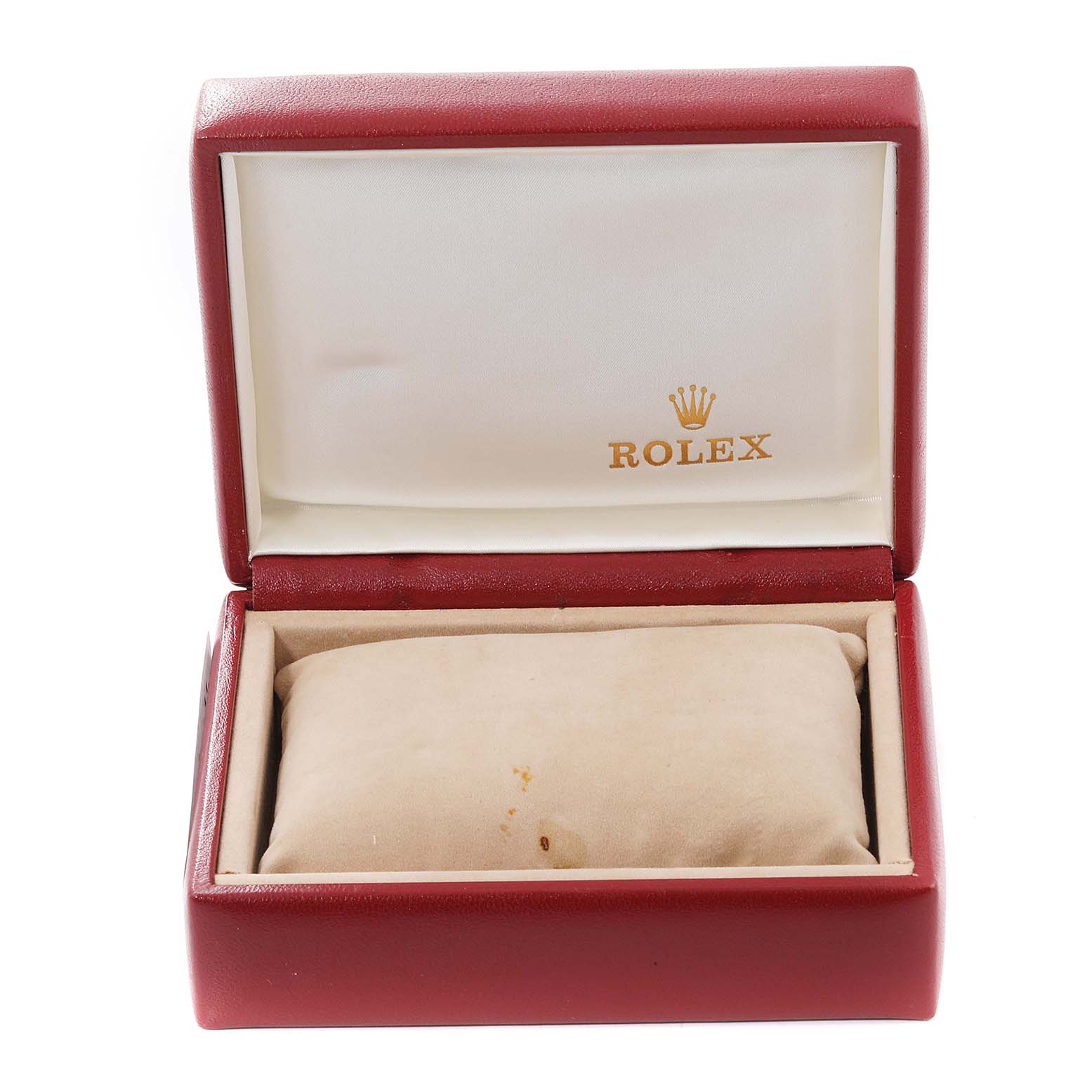 This image shows an open Rolex watch box for the Date model, displaying the lid and pillow inside the case.