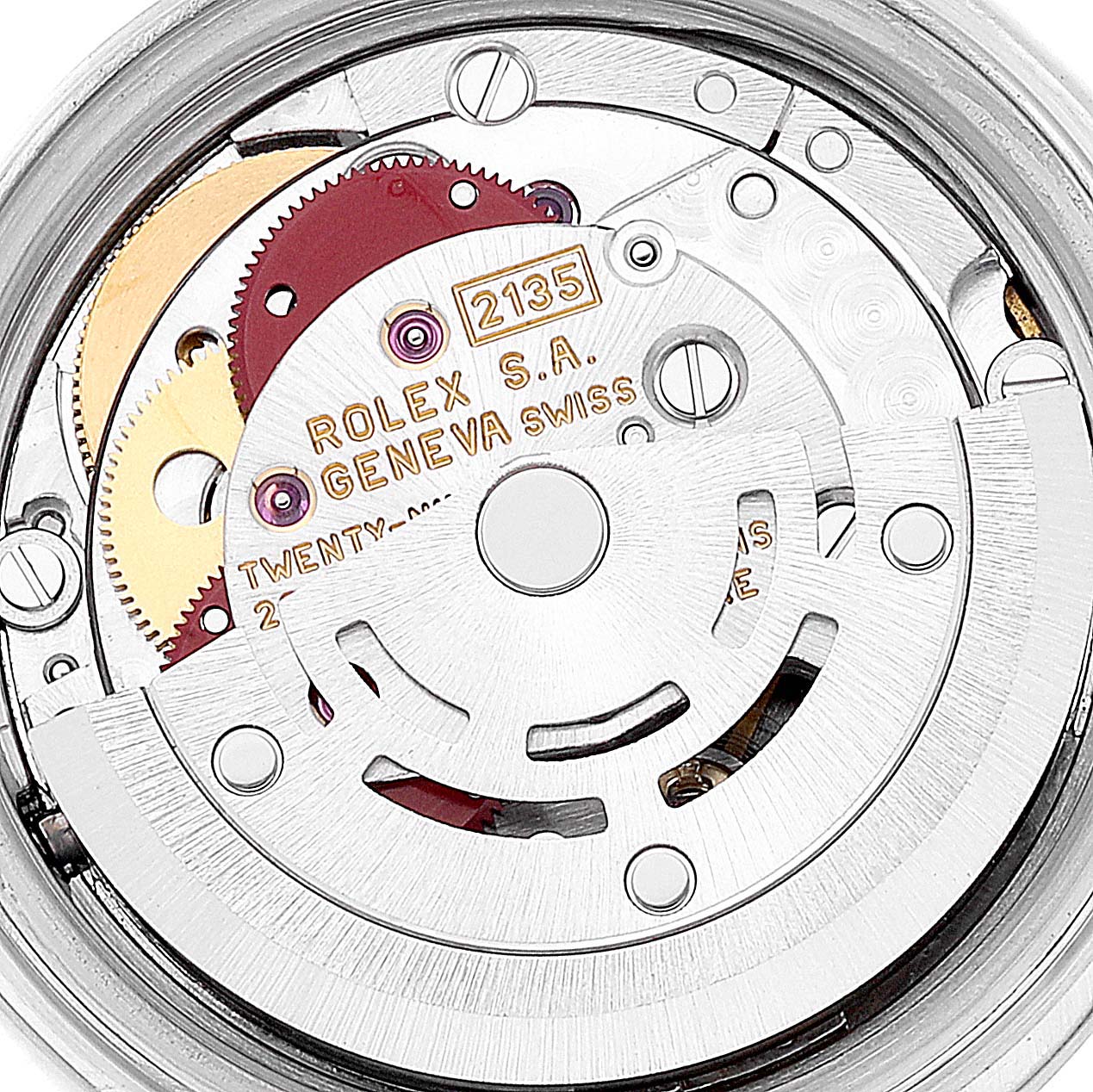 This image shows the internal mechanism and movement of a Rolex Date 69160 Women
s Stainless Steel White Dial 69160 Women
s Stainless Steel White Dial model watch, viewed from the back.