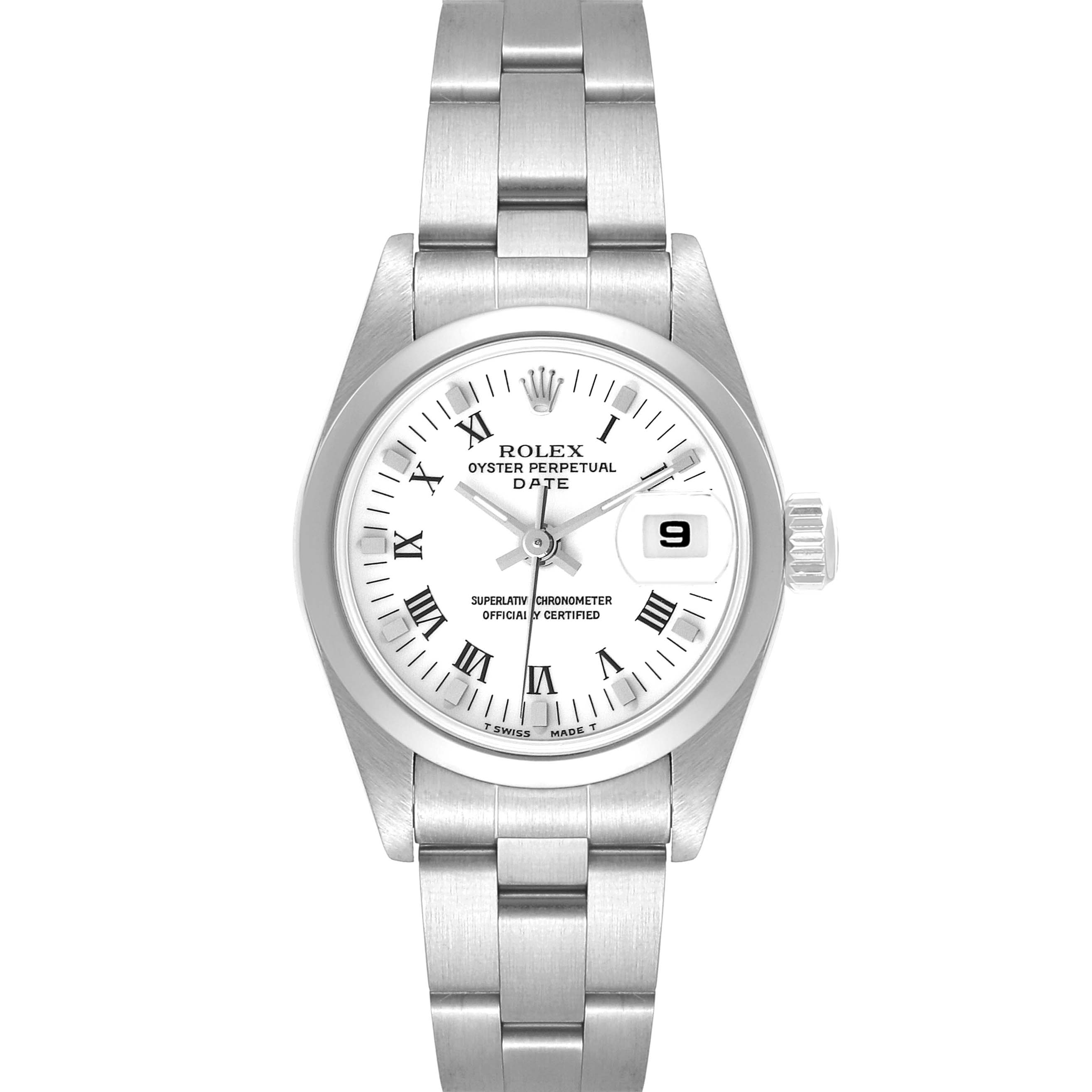 This Rolex Date 69160 Women
s Stainless Steel White Dial 69160 Women
s Stainless Steel White Dial model watch is shown from a front angle, featuring its dial, bracelet, and date window.