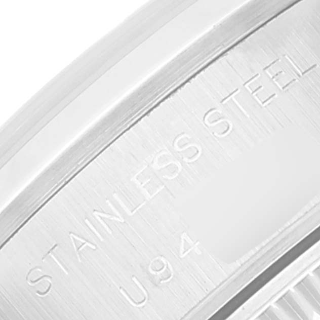 This image shows a close-up of the stainless steel casing of a Rolex Date 69160 Women
s Stainless Steel White Dial 69160 Women
s Stainless Steel White Dial model watch.