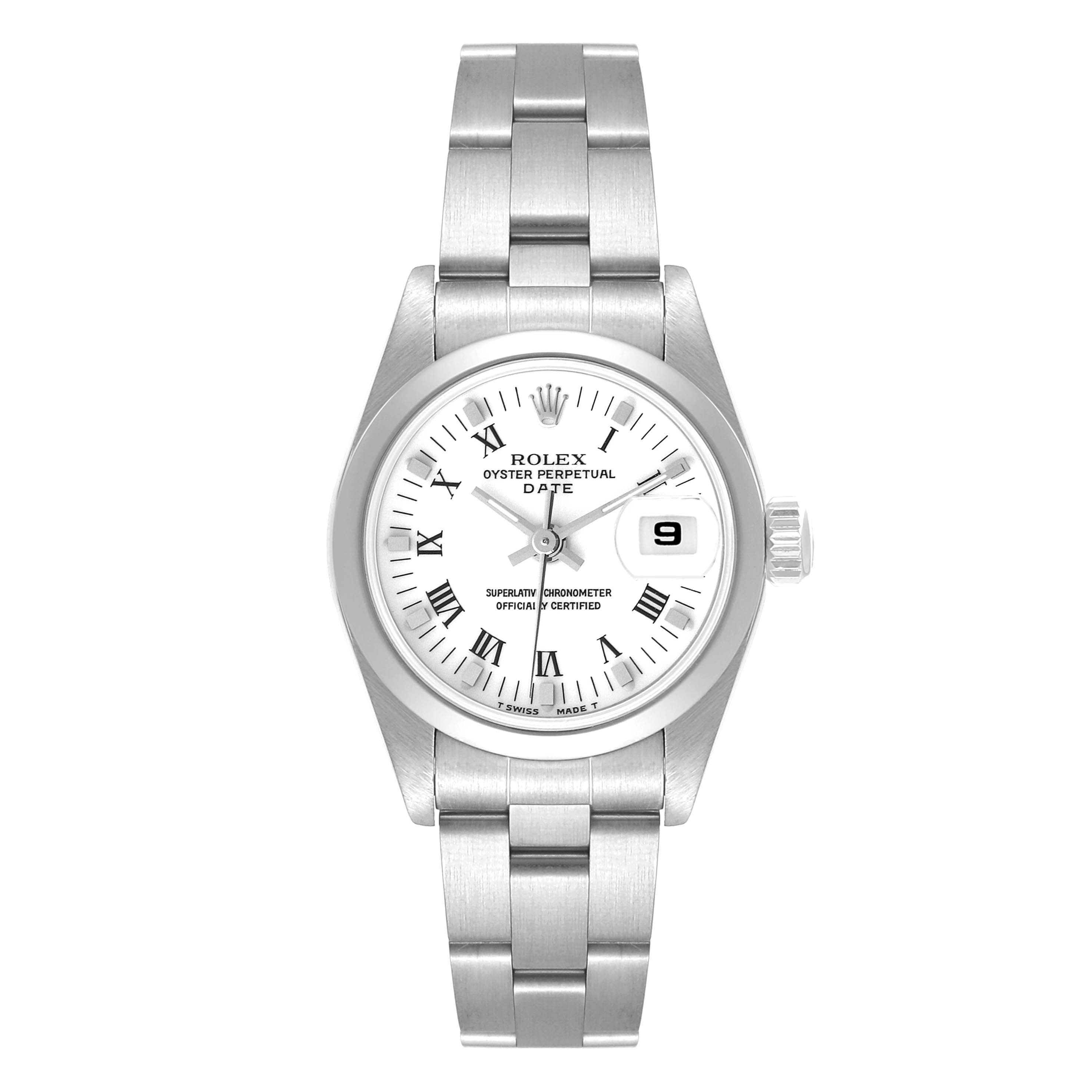 This image shows a frontal view of a Rolex Oyster Perpetual Date model watch, featuring its dial, bezel, and bracelet.