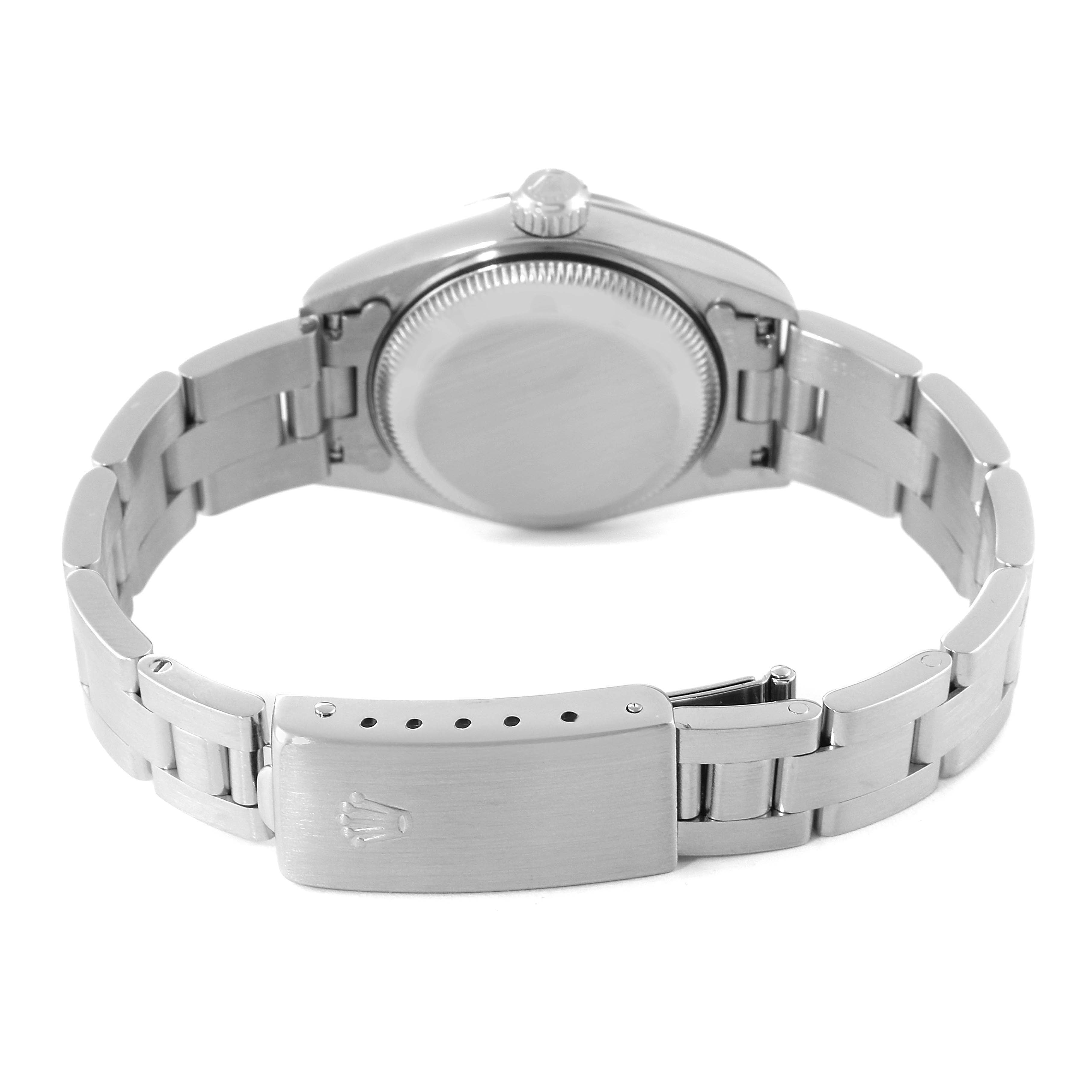 This image shows the back and clasp of a Rolex Date 69160 Women
s Stainless Steel White Dial 69160 Women
s Stainless Steel White Dial model watch, highlighting the bracelet and case back.