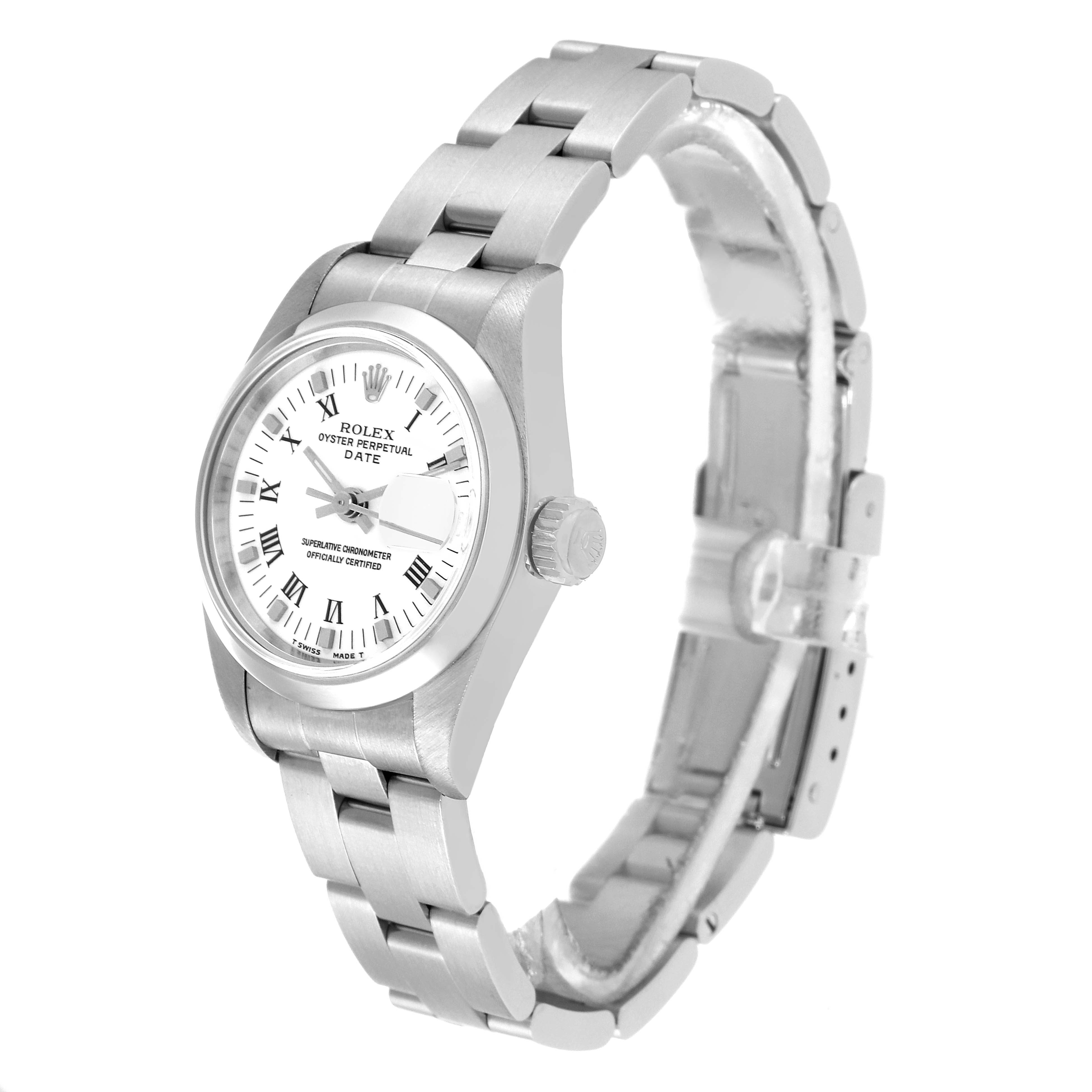 The image shows a Rolex Date 69160 Women
s Stainless Steel White Dial 69160 Women
s Stainless Steel White Dial model watch from a front-left angle, highlighting the dial, bezel, and part of the bracelet.