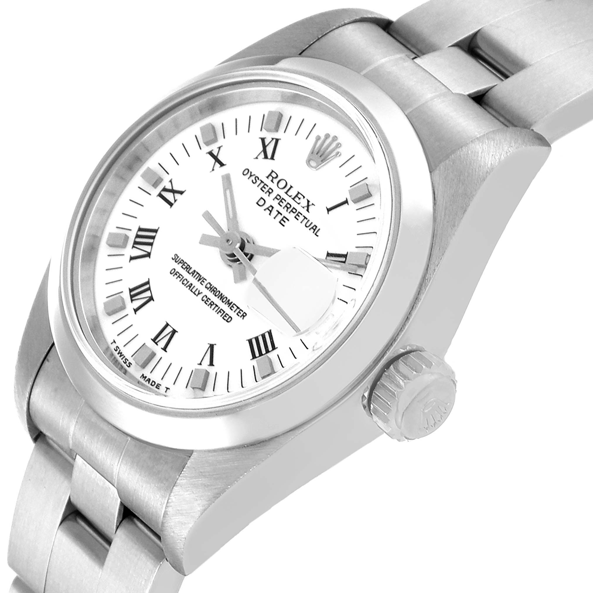 The image shows a close-up of a Rolex Date 69160 Women
s Stainless Steel White Dial 69160 Women
s Stainless Steel White Dial model watch, focusing on the dial, crown, and part of the bracelet from a side angle.