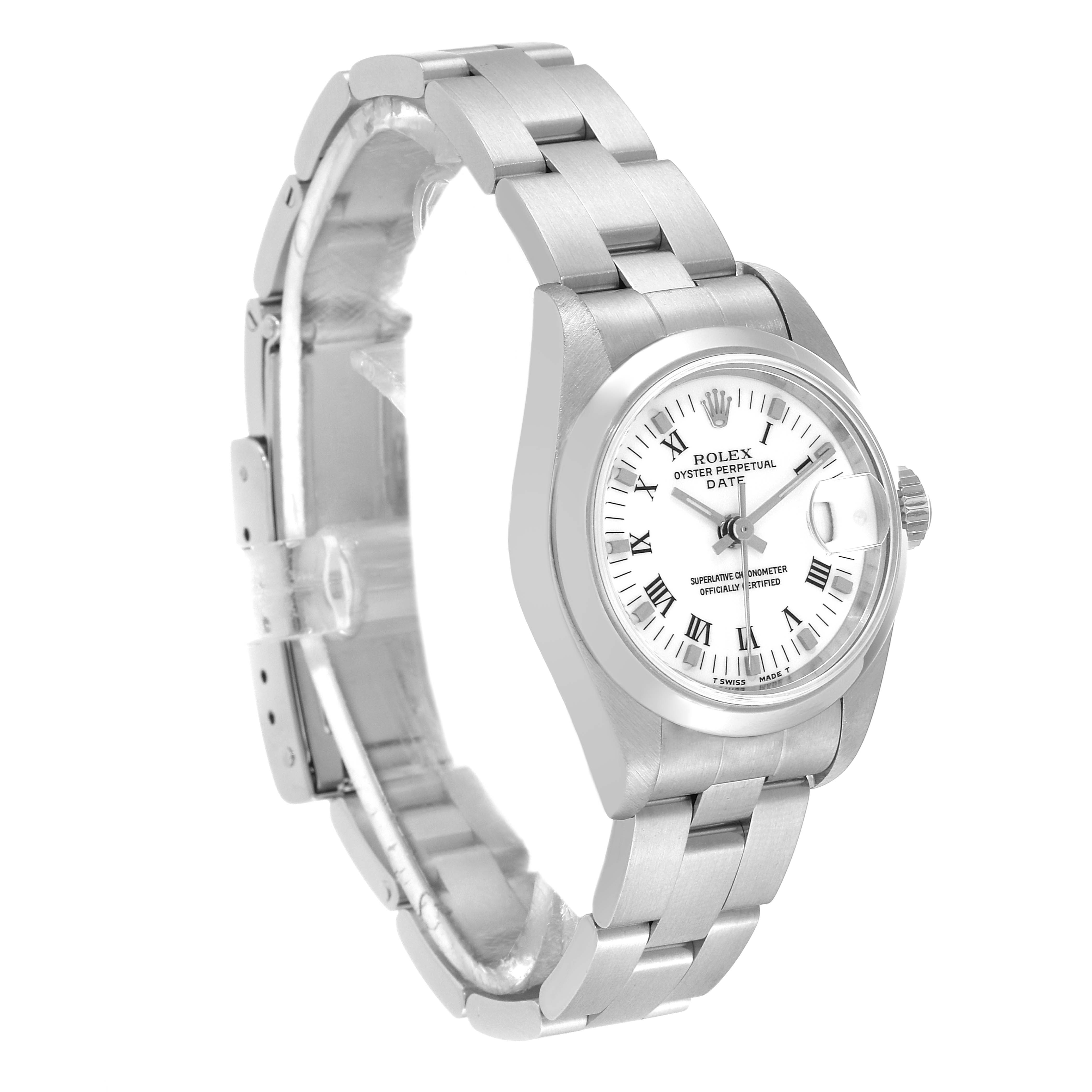 The image shows a Rolex Date 69160 Women
s Stainless Steel White Dial 69160 Women
s Stainless Steel White Dial model watch from a three-quarter angle, highlighting its bracelet and dial.
