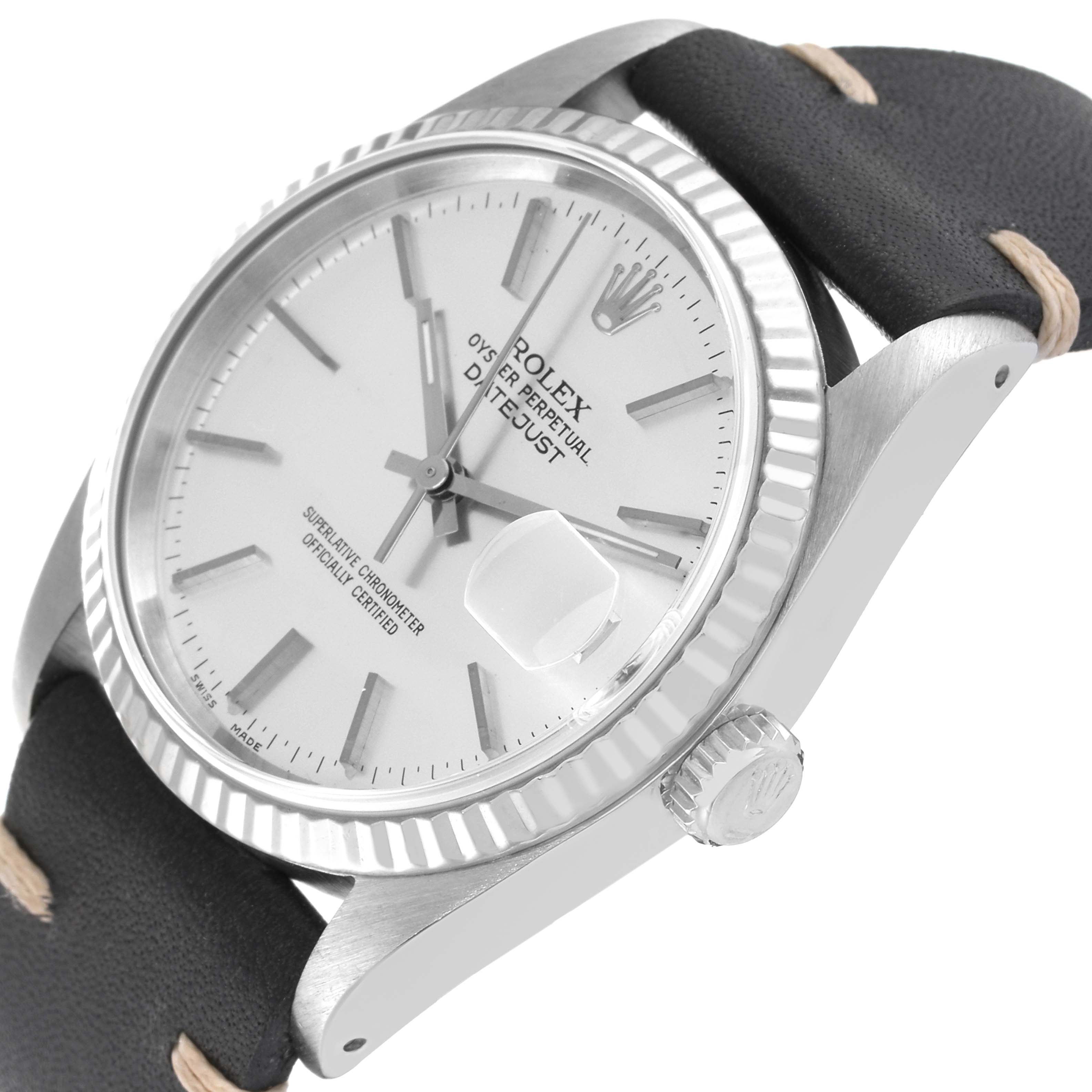 The image shows the face, bezel, crown, and part of the strap of a Rolex Datejust 16234 Men's Stainless Steel Silver Dial 16234 Men's Stainless Steel Silver Dial watch at an angle.