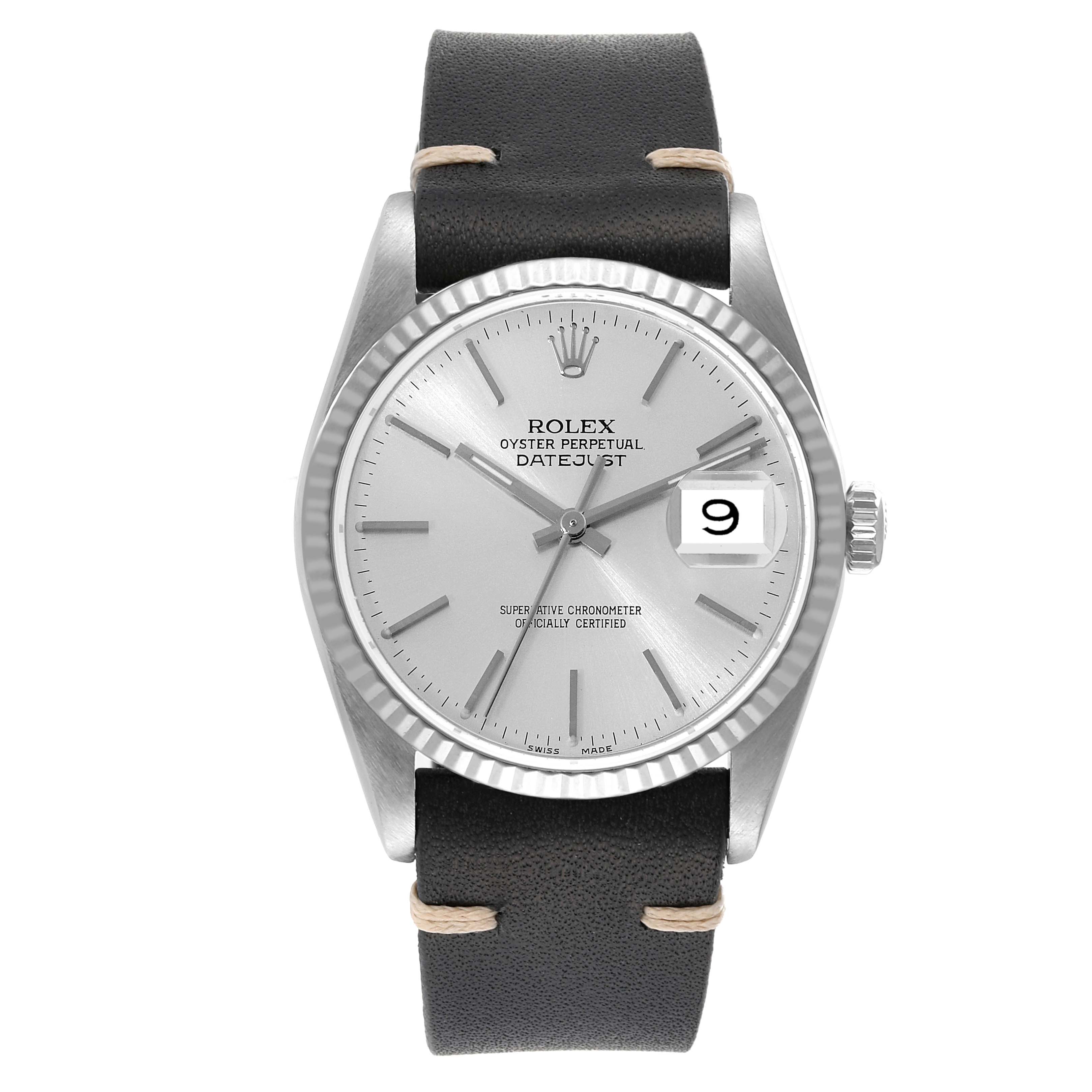 The image shows a Rolex Datejust 16234 Men's Stainless Steel Silver Dial 16234 Men's Stainless Steel Silver Dial watch's front face, featuring its dial, hands, date window, and a leather strap.