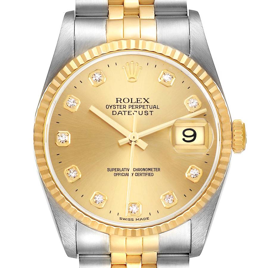 The image shows a front view of a Rolex Datejust watch, highlighting the dial, bezel, and bracelet.