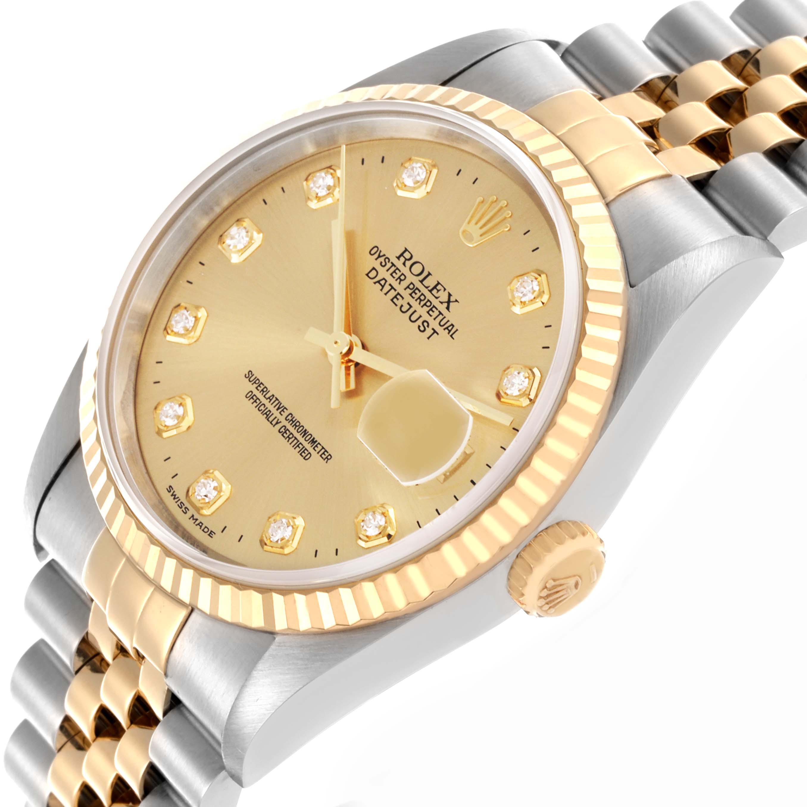 The Rolex Datejust 16233 Men's Steel and Gold (two tone) Champagne Dial 16233 Men's Steel and Gold (two tone) Champagne Dial watch is shown at an angled view, highlighting the gold and silver case, fluted bezel, dial, hands, and bracelet.