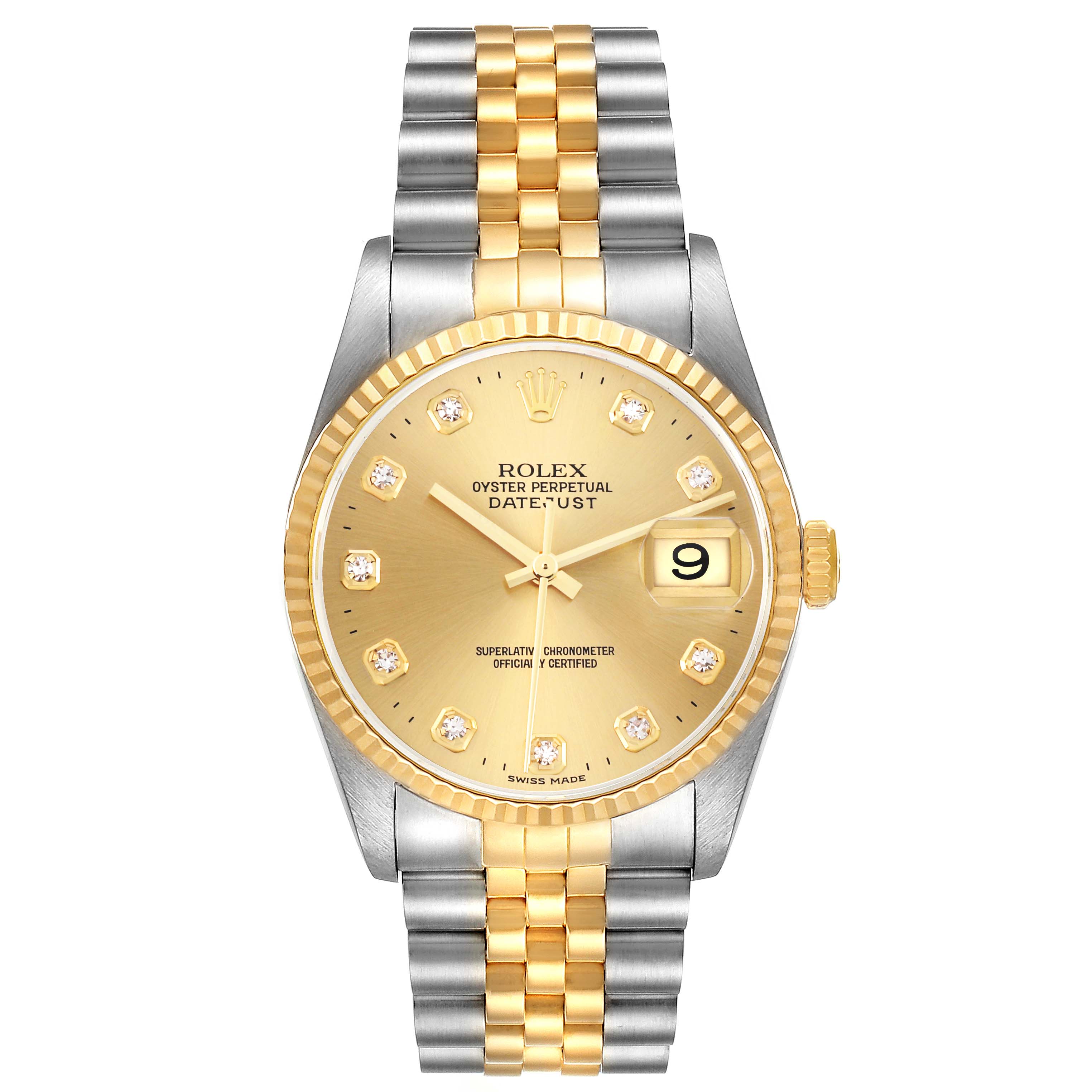 The Rolex Datejust 16233 Men's Steel and Gold (two tone) Champagne Dial 16233 Men's Steel and Gold (two tone) Champagne Dial is shown from a top-down angle, featuring the dial, bezel, crown, and two-tone bracelet.