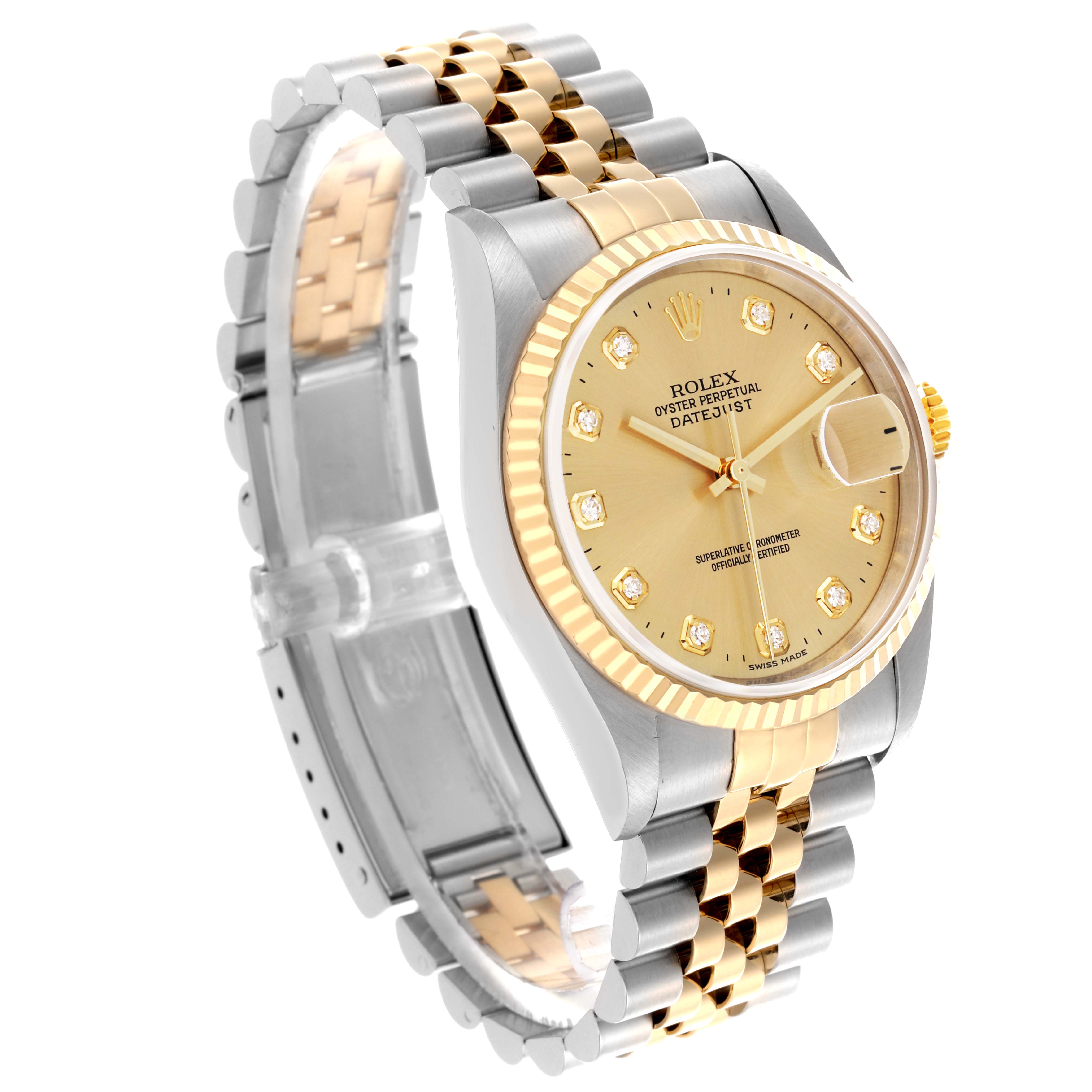 The Rolex Datejust 16233 Men's Steel and Gold (two tone) Champagne Dial 16233 Men's Steel and Gold (two tone) Champagne Dial watch is shown at an angled view, displaying its gold dial, fluted bezel, and Jubilee bracelet.