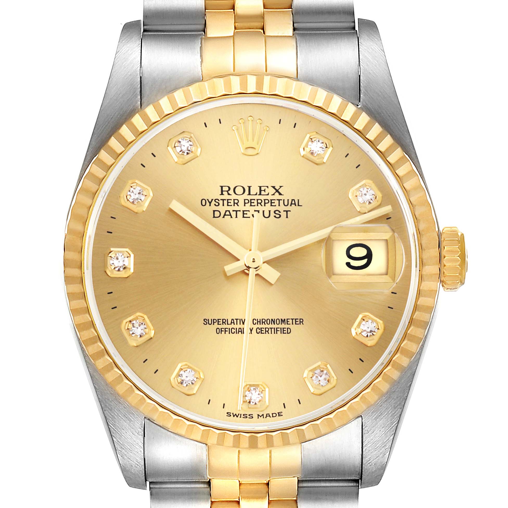 The Rolex Datejust 16233 Men's Steel and Gold (two tone) Champagne Dial 16233 Men's Steel and Gold (two tone) Champagne Dial is shown from a front angle, highlighting the face, bezel, crown, and bracelet.