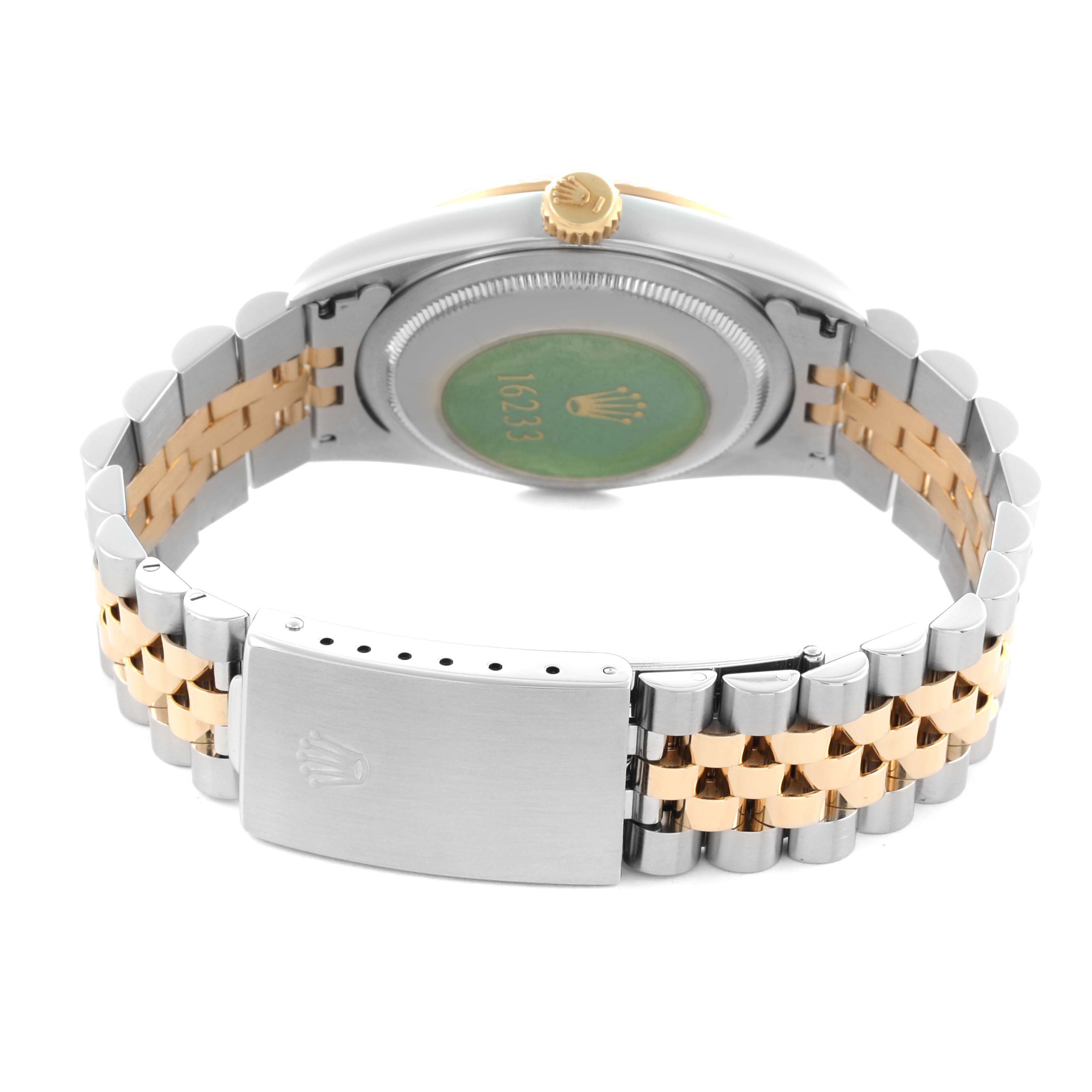 The image shows the back angle of a Rolex Datejust 16233 Men's Steel and Gold (two tone) Champagne Dial 16233 Men's Steel and Gold (two tone) Champagne Dial, highlighting the two-tone bracelet and case back.