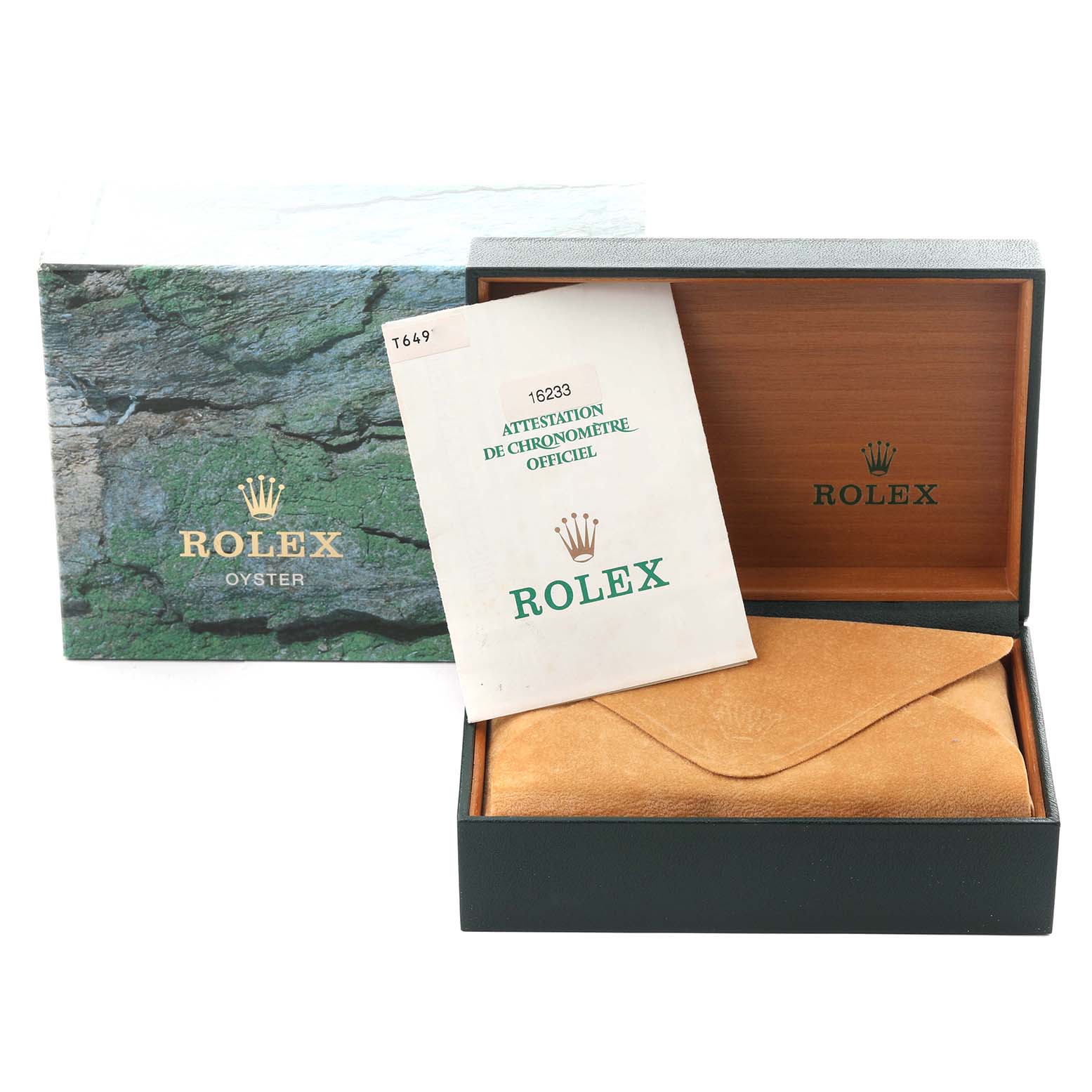 The image shows a Rolex Datejust 16233 Men's Steel and Gold (two tone) Champagne Dial 16233 Men's Steel and Gold (two tone) Champagne Dial box set with a warranty card and cover, but the watch is not visible.