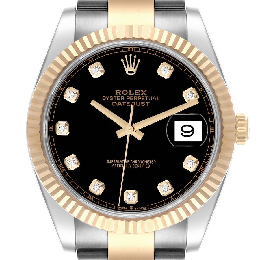 The Rolex Datejust 41 is shown from a front angle, highlighting its dial, bezel, and part of the bracelet.