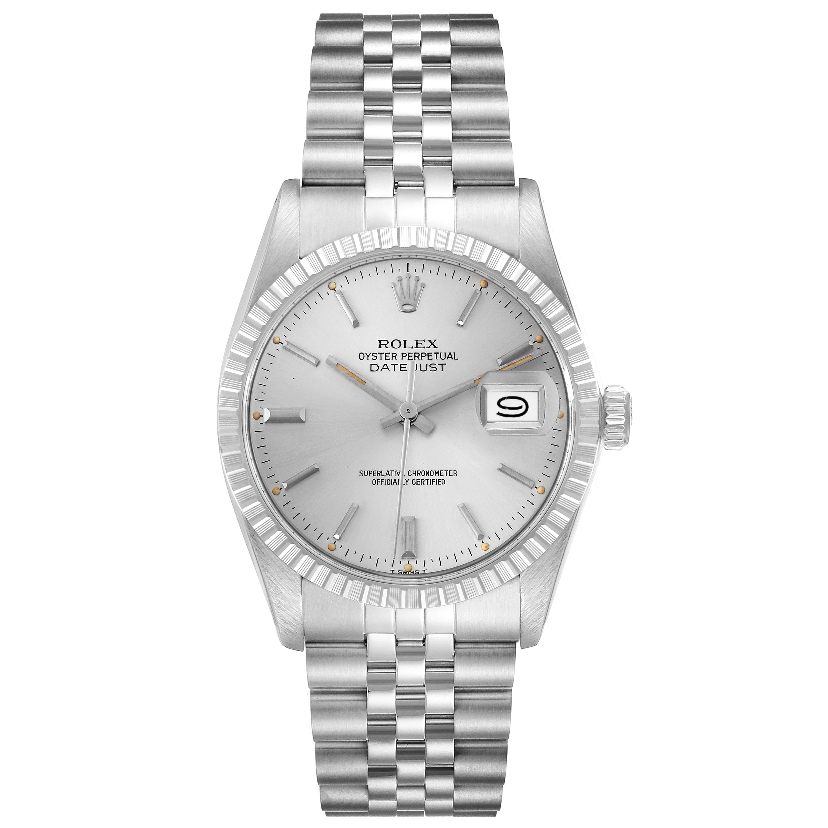 The Rolex Datejust 16030 Men's Stainless Steel Silver Dial 16030 Men's Stainless Steel Silver Dial watch is shown from a front angle, displaying its bracelet, case, dial, and date feature clearly.
