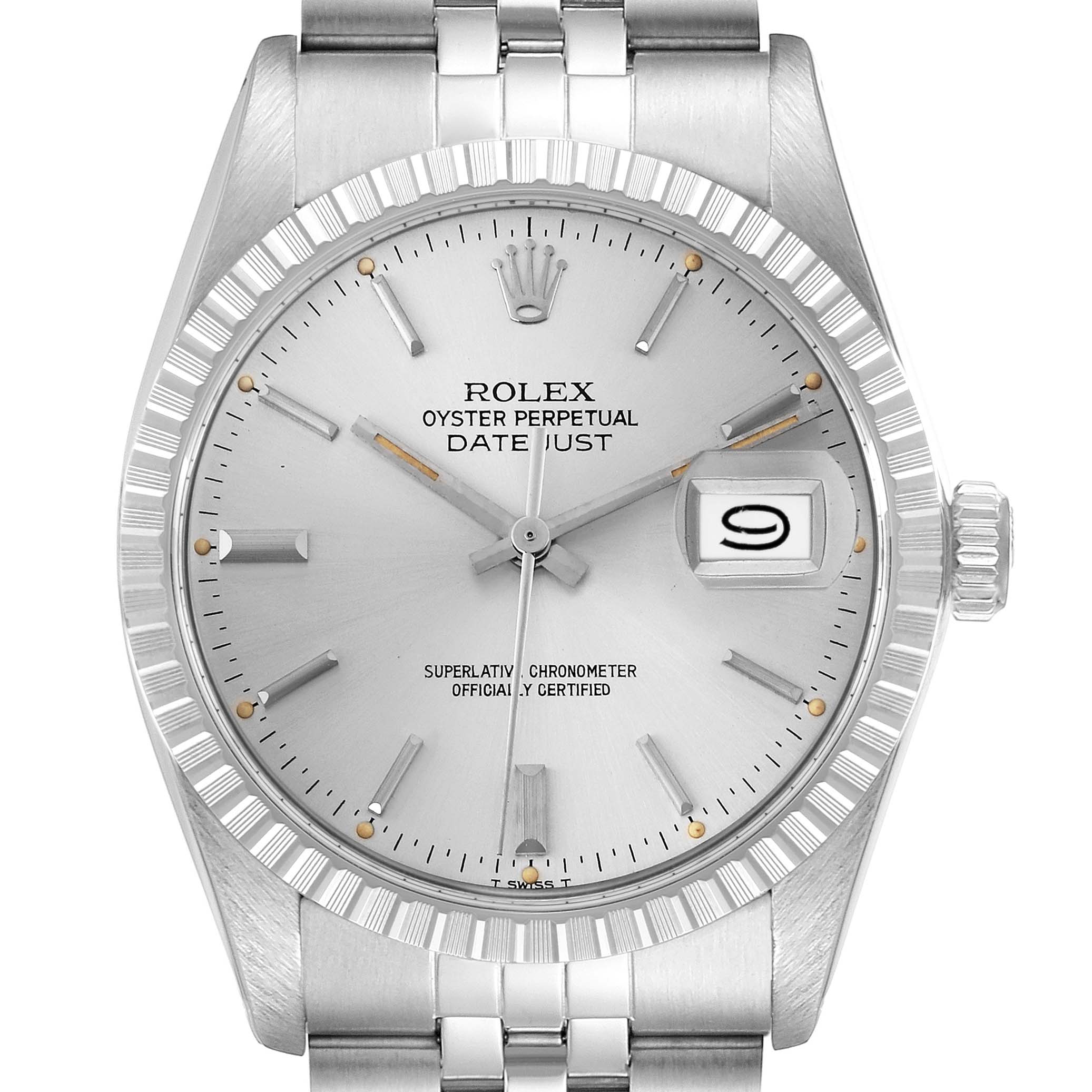 The Rolex Datejust 16030 Men's Stainless Steel Silver Dial 16030 Men's Stainless Steel Silver Dial watch is shown head-on, displaying the dial, bezel, bracelet, crown, and date window.