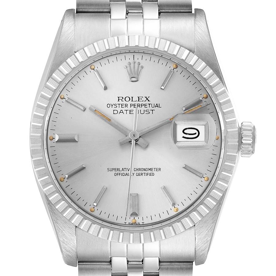 The Rolex Datejust watch is shown head-on, displaying the dial, bezel, bracelet, crown, and date window.