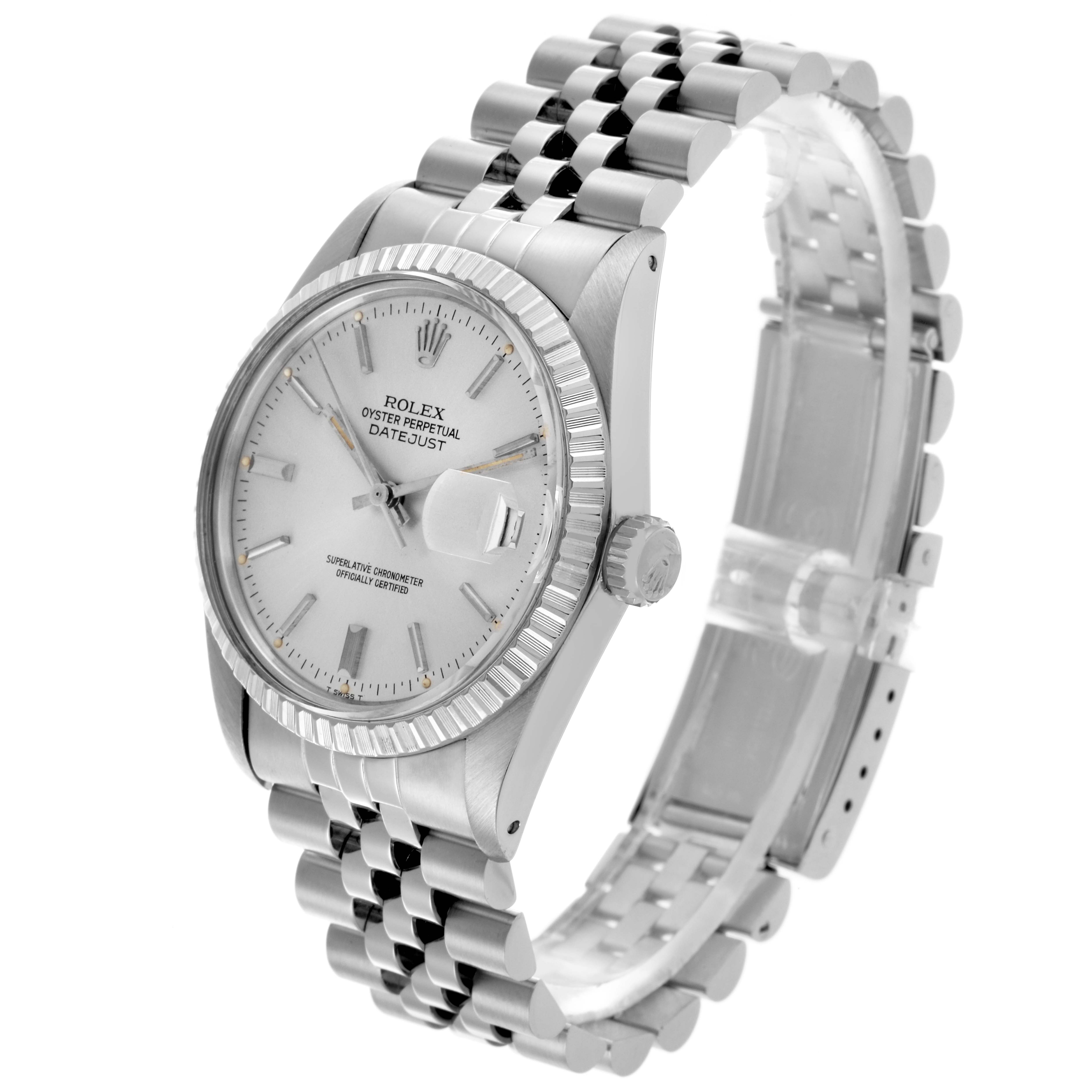 The Rolex Datejust 16030 Men's Stainless Steel Silver Dial 16030 Men's Stainless Steel Silver Dial watch is shown at a three-quarter angle highlighting the dial, bezel, crown, and bracelet.