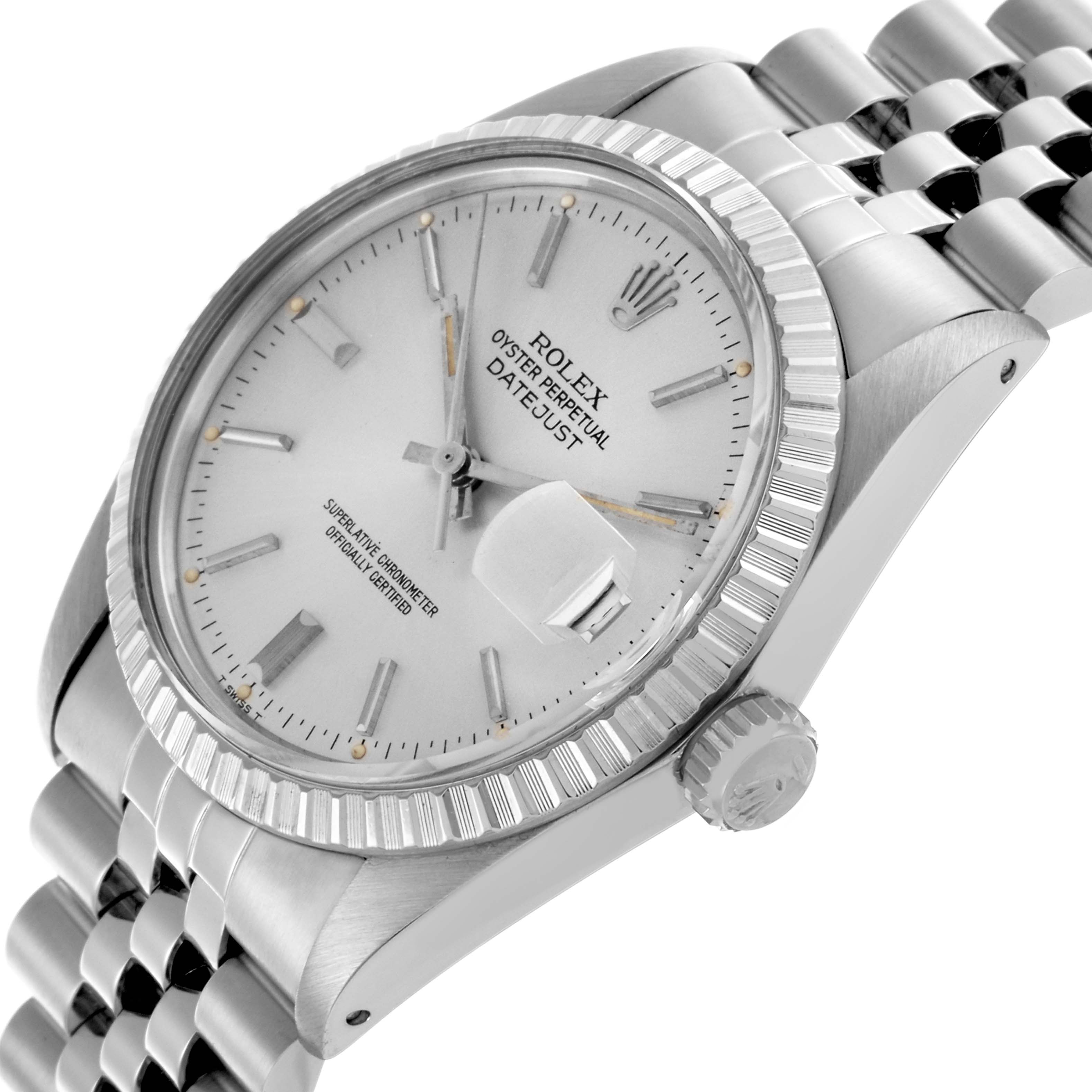 The image shows a side angle of the Rolex Datejust 16030 Men's Stainless Steel Silver Dial 16030 Men's Stainless Steel Silver Dial, highlighting the dial, fluted bezel, and Jubilee bracelet.