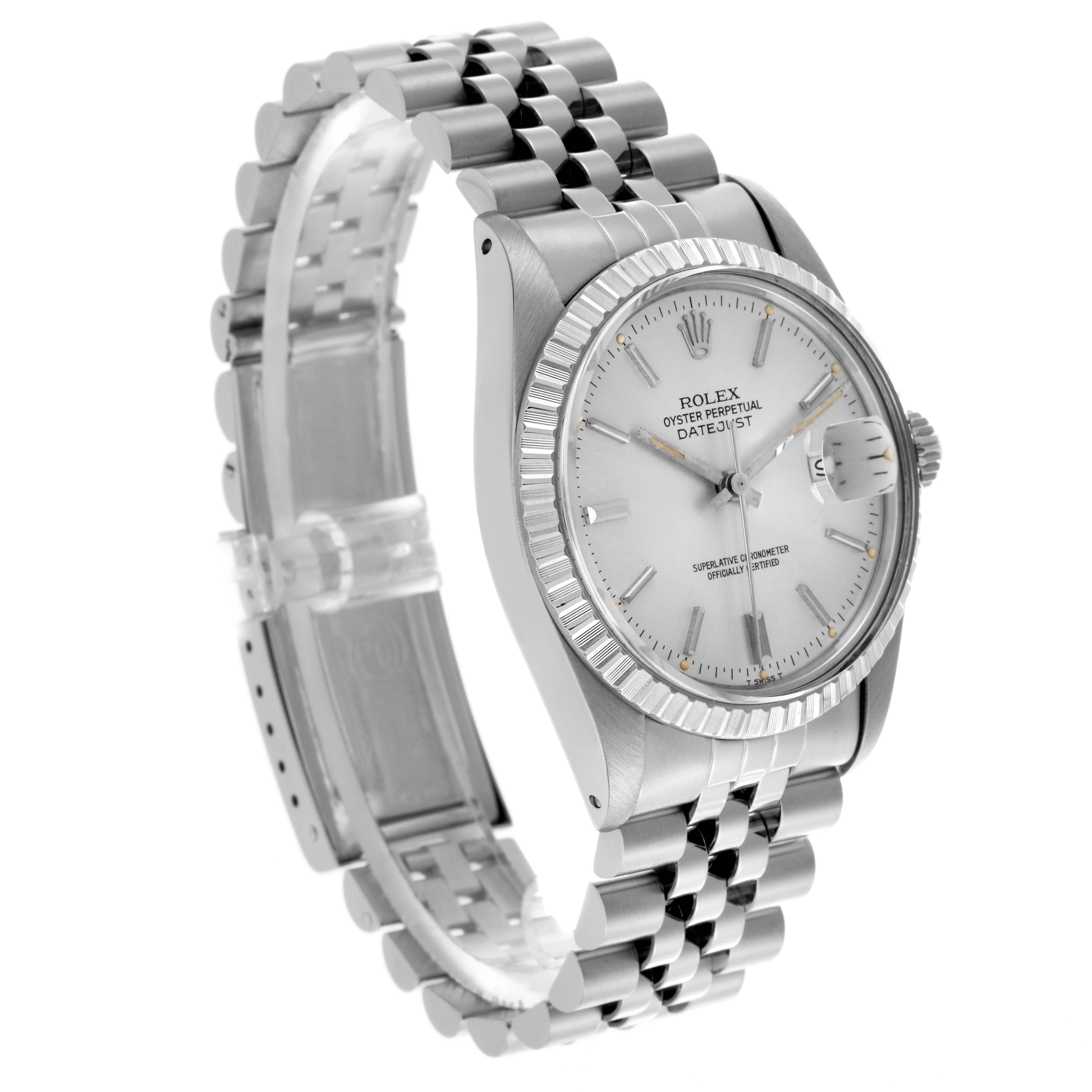 The Rolex Datejust 16030 Men's Stainless Steel Silver Dial 16030 Men's Stainless Steel Silver Dial is shown at an angled side view displaying its face, bezel, and part of its Jubilee bracelet.