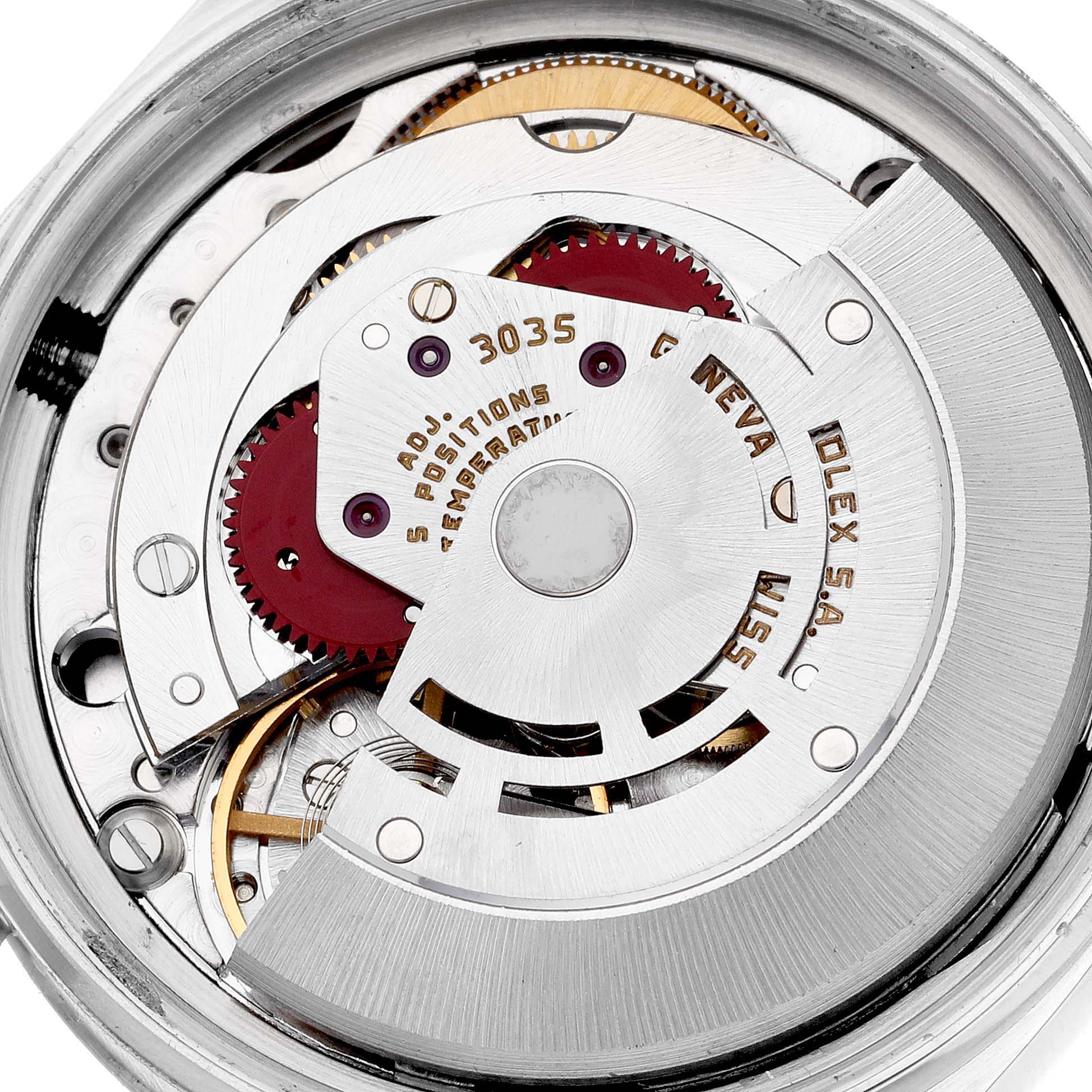 The image shows the movement of a Rolex Datejust 16030 Men's Stainless Steel Silver Dial 16030 Men's Stainless Steel Silver Dial, highlighting gears and the rotor from a top-down angle.