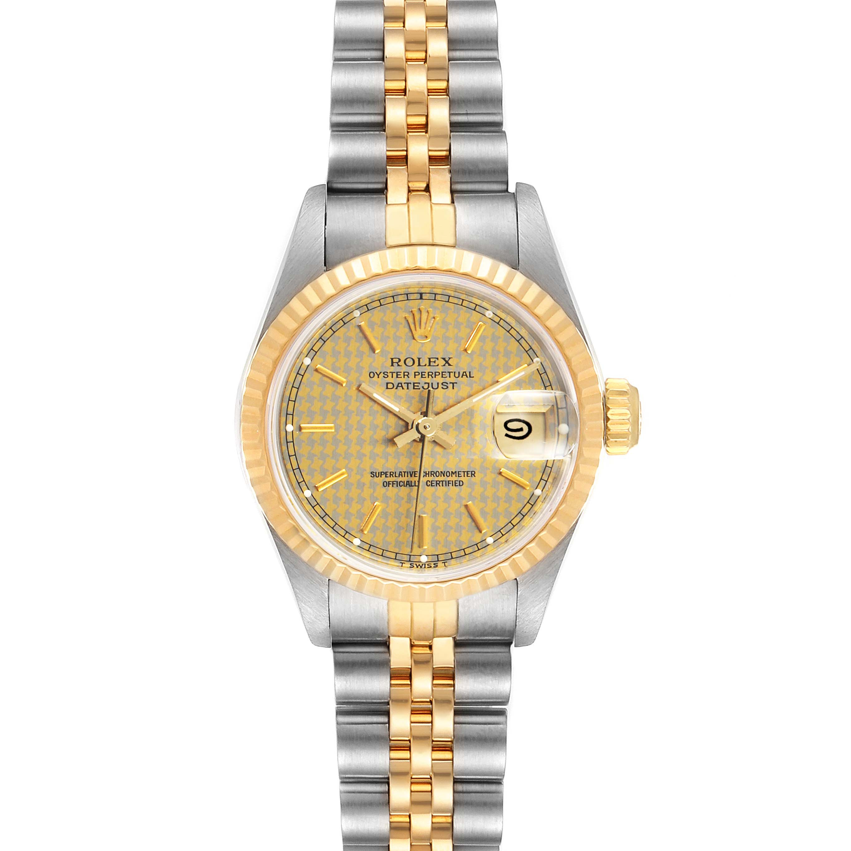 This image shows a front view of a Rolex Datejust 69173 Women's Steel and Gold (two tone) Champagne Dial 69173 Women's Steel and Gold (two tone) Champagne Dial watch, highlighting its dial, bezel, crown, and two-tone bracelet.
