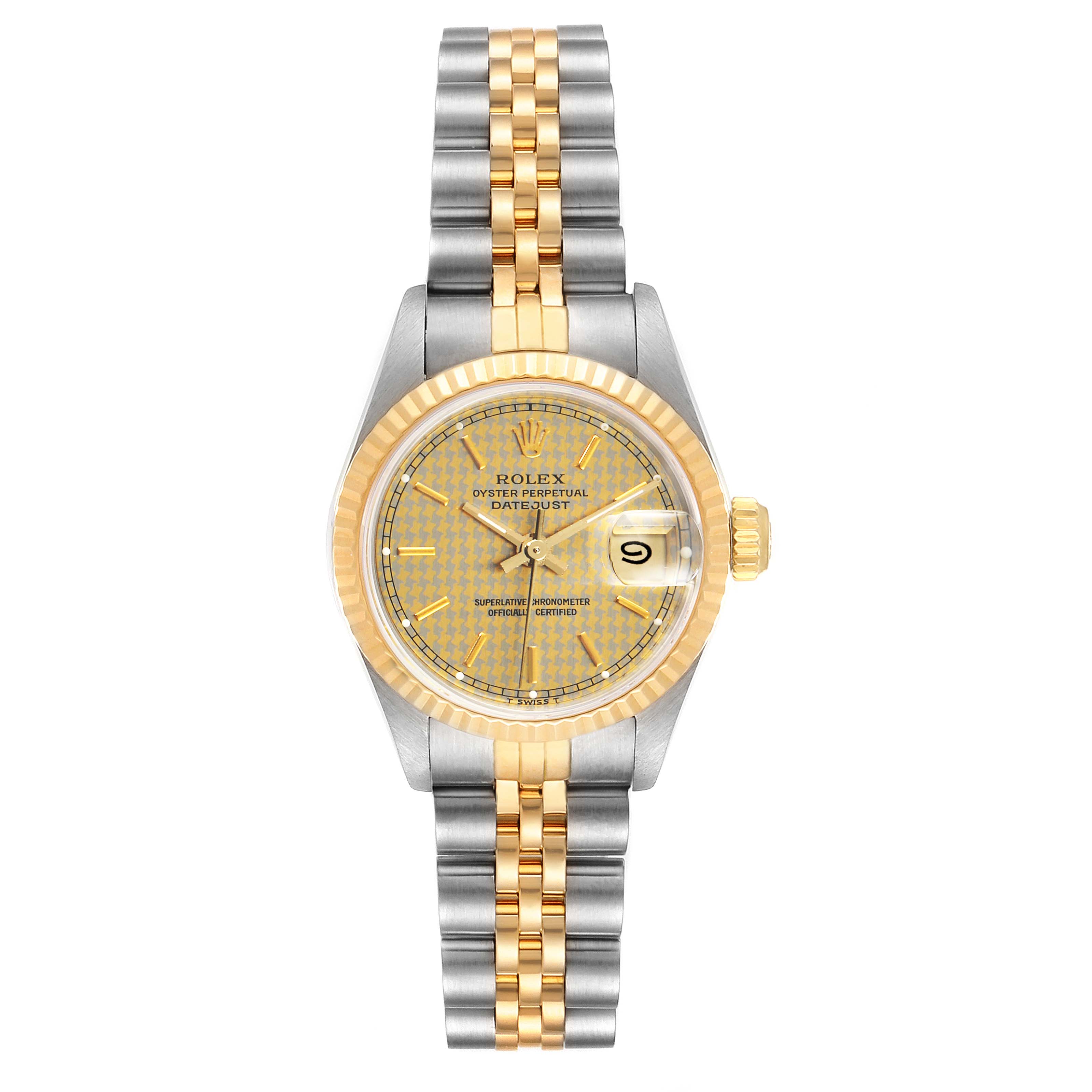 The image shows a Rolex Datejust 69173 Women's Steel and Gold (two tone) Champagne Dial 69173 Women's Steel and Gold (two tone) Champagne Dial watch from a top-down angle, highlighting its two-tone bracelet, bezel, and face with a date display.