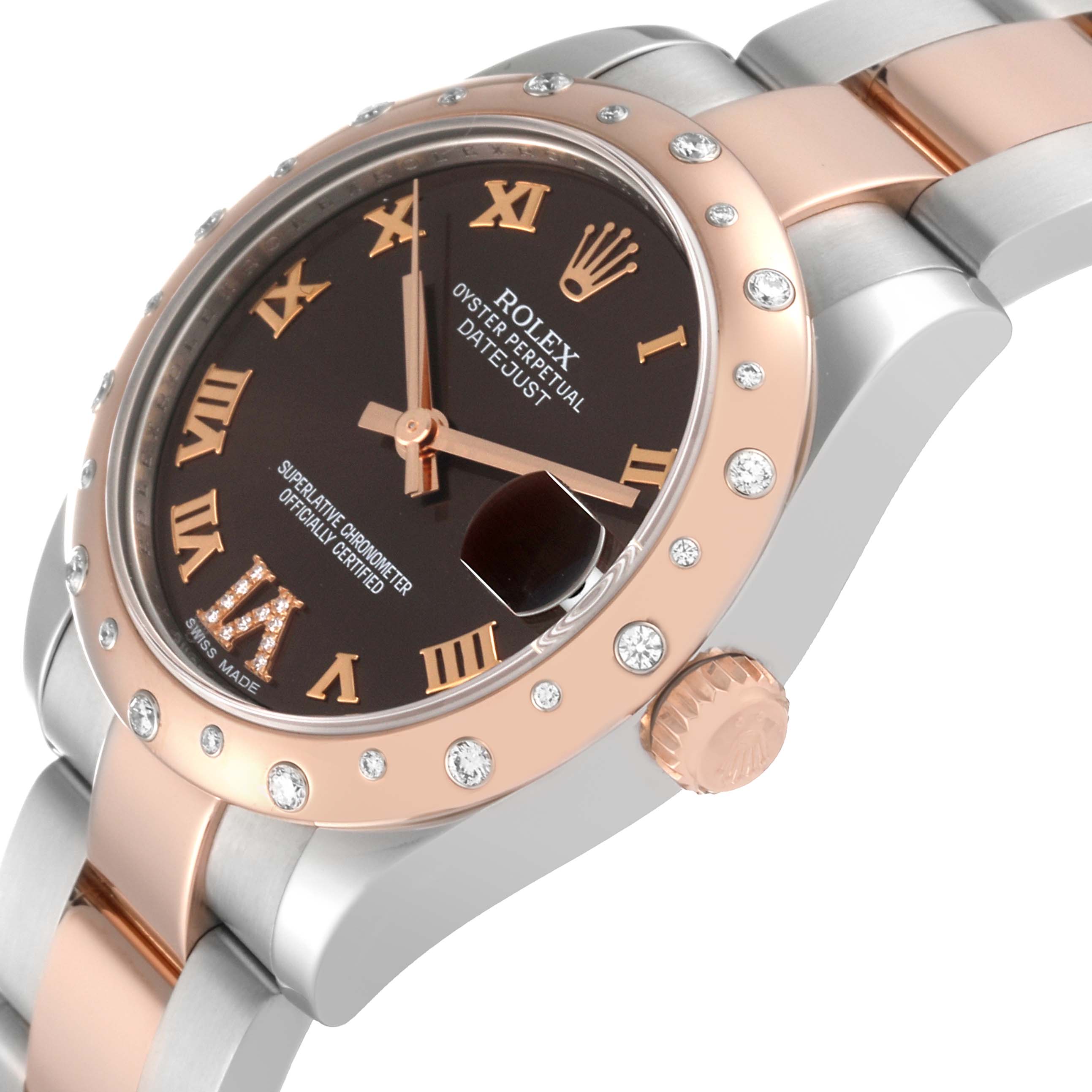 The image shows a side angle of a Rolex Mid-Size 178341 Women's Steel and Gold (two tone) Brown Dial 178341 Women's Steel and Gold (two tone) Brown Dial Datejust, displaying the dial, bezel, crown, and part of the bracelet.