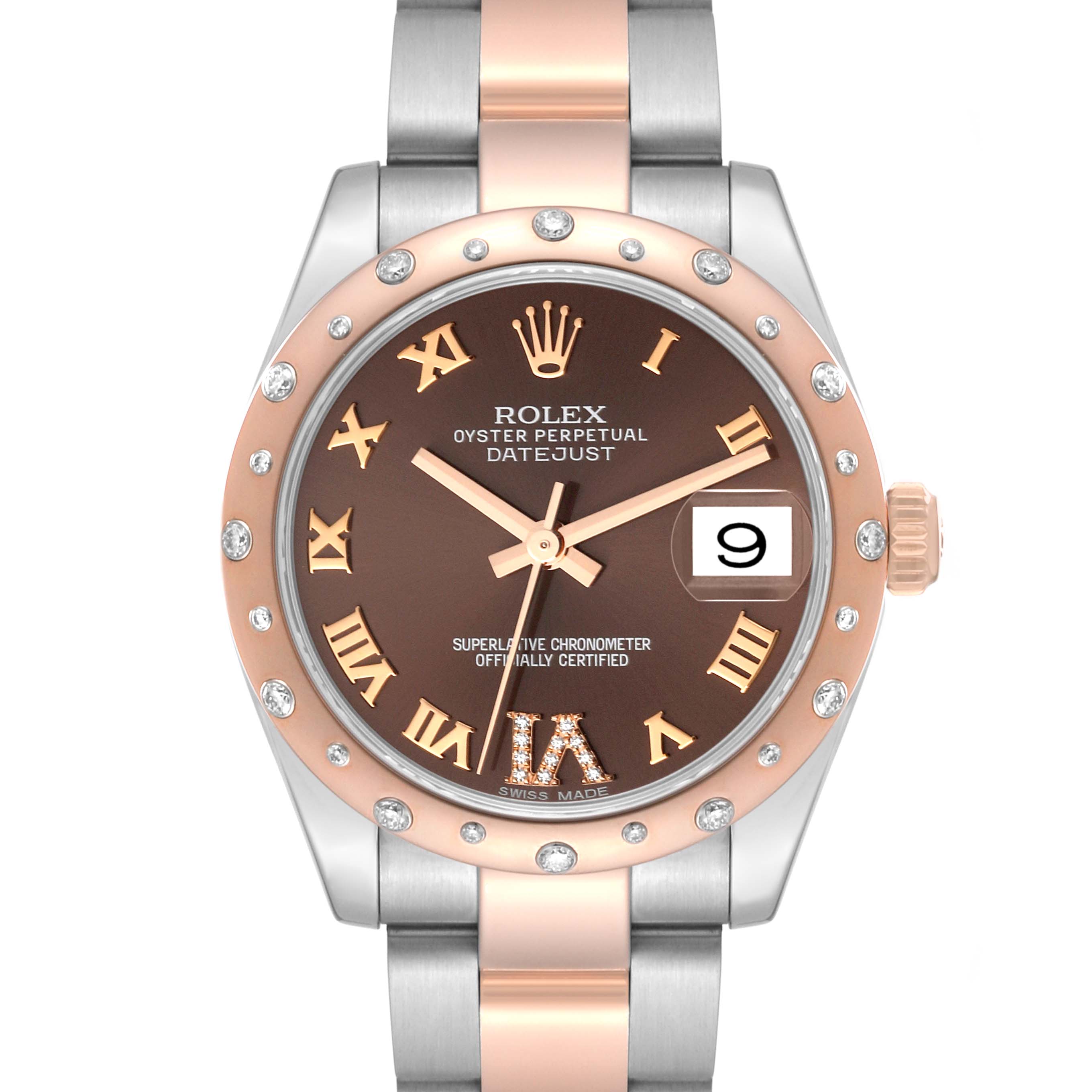 The Rolex Mid-Size 178341 Women's Steel and Gold (two tone) Brown Dial 178341 Women's Steel and Gold (two tone) Brown Dial Oyster Perpetual Datejust watch is shown from a front angle, displaying the face, bezel, and part of the band.