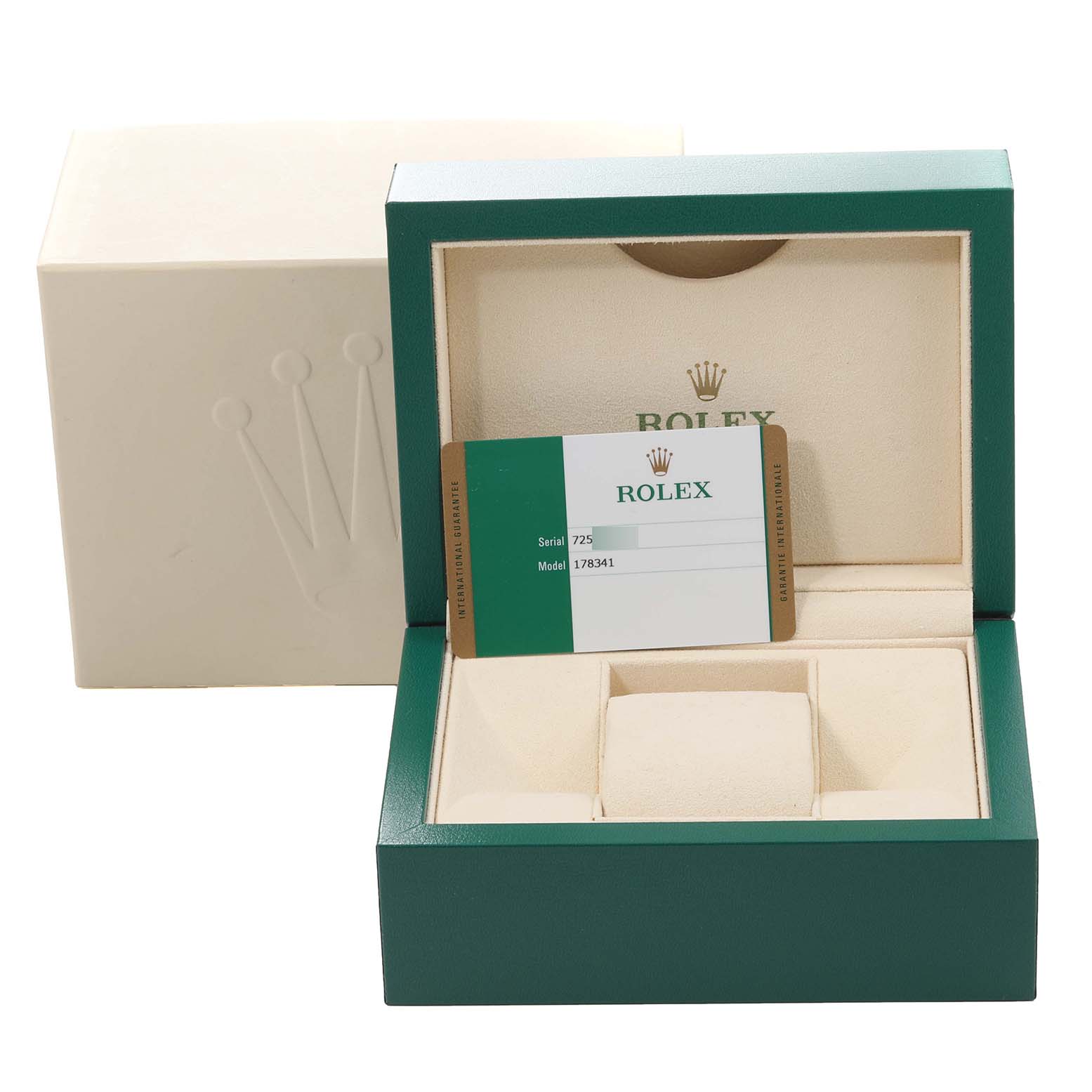 This image shows the packaging and authenticity card for a Rolex Mid-Size 178341 Women's Steel and Gold (two tone) Brown Dial 178341 Women's Steel and Gold (two tone) Brown Dial model watch (Model 178341).