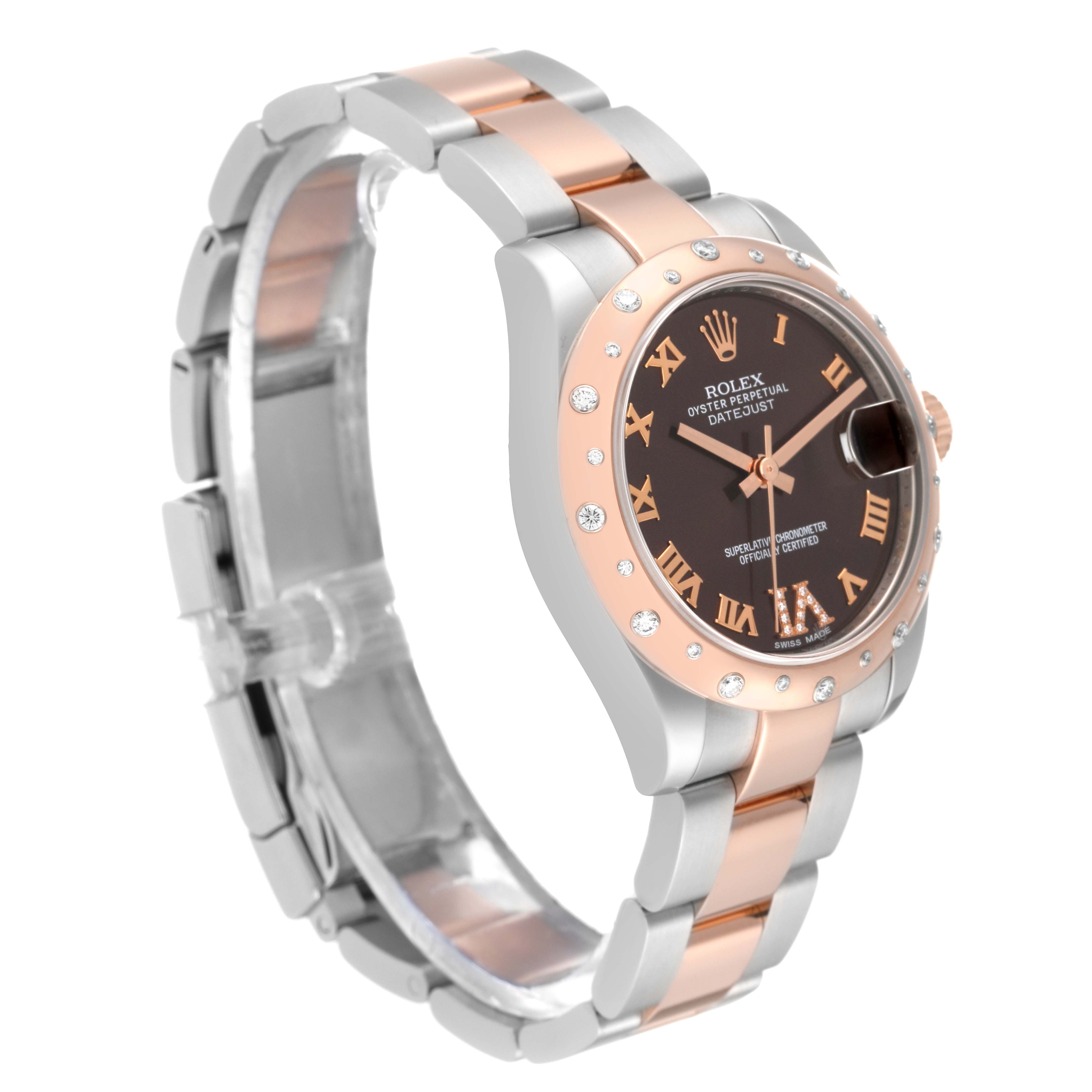 The Rolex Mid-Size 178341 Women's Steel and Gold (two tone) Brown Dial 178341 Women's Steel and Gold (two tone) Brown Dial Datejust watch is shown at an angle highlighting its face, bezel, and half the bracelet.