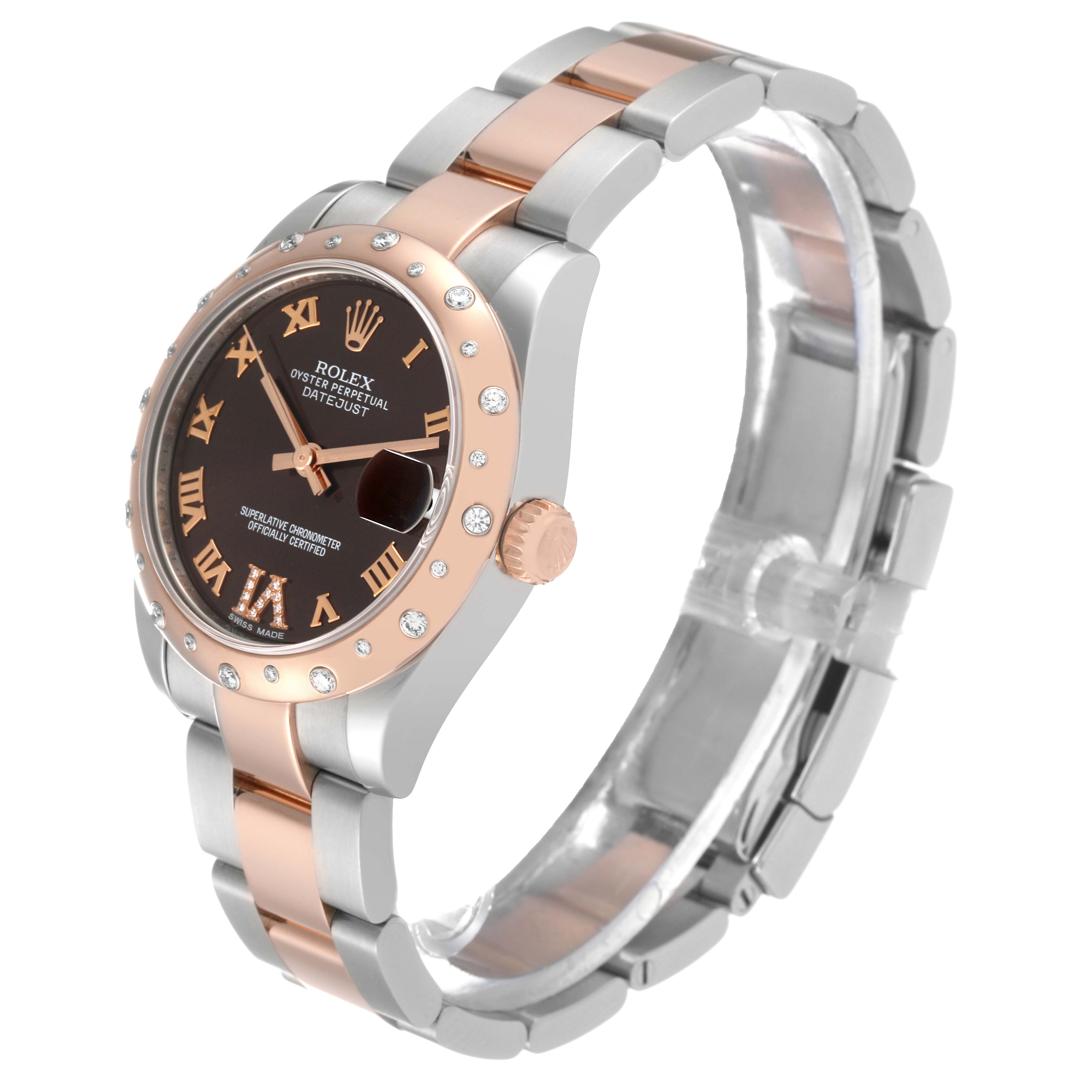 The image shows a side angle of a Rolex Mid-Size 178341 Women's Steel and Gold (two tone) Brown Dial 178341 Women's Steel and Gold (two tone) Brown Dial Oyster Perpetual Datejust watch, highlighting its bezel, crown, and bracelet.