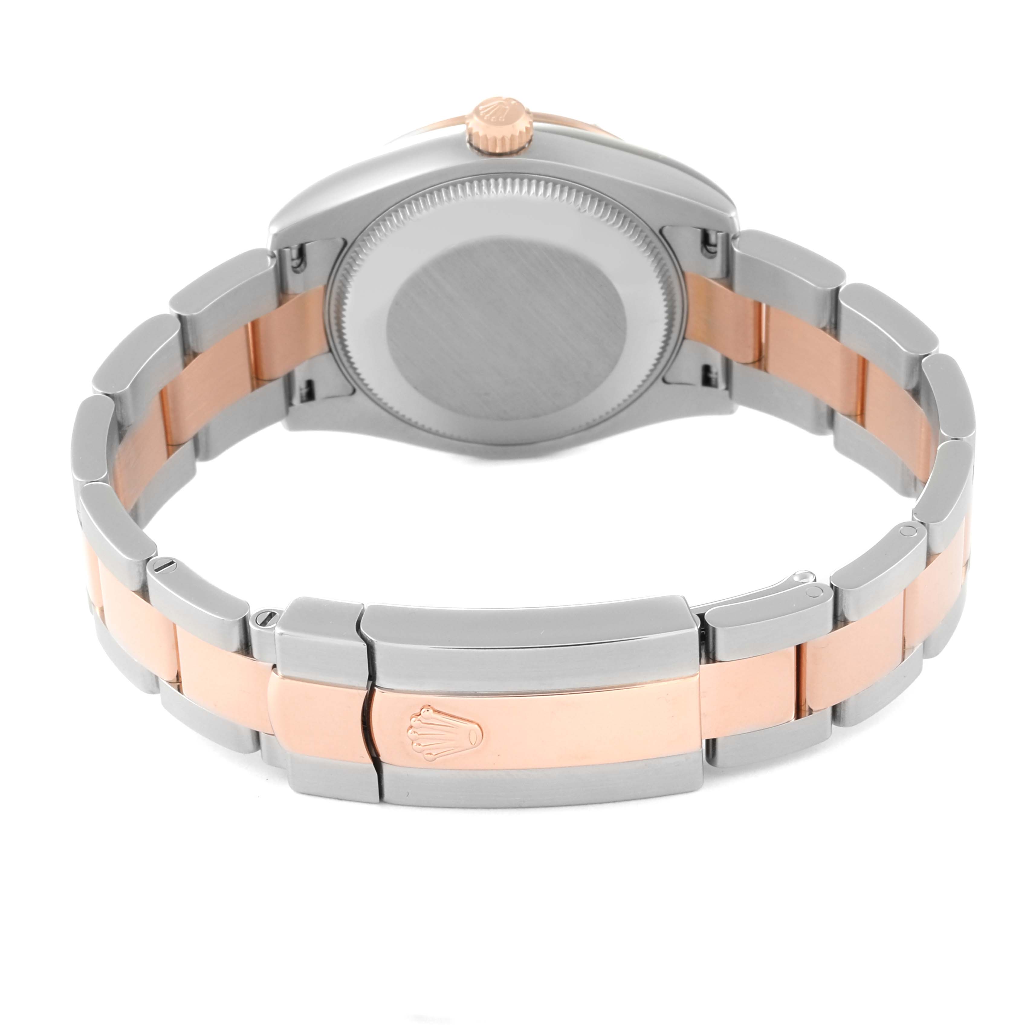 This image shows the back view of a Rolex Mid-Size 178341 Women's Steel and Gold (two tone) Brown Dial 178341 Women's Steel and Gold (two tone) Brown Dial model watch, highlighting its case back, bracelet, and clasp.