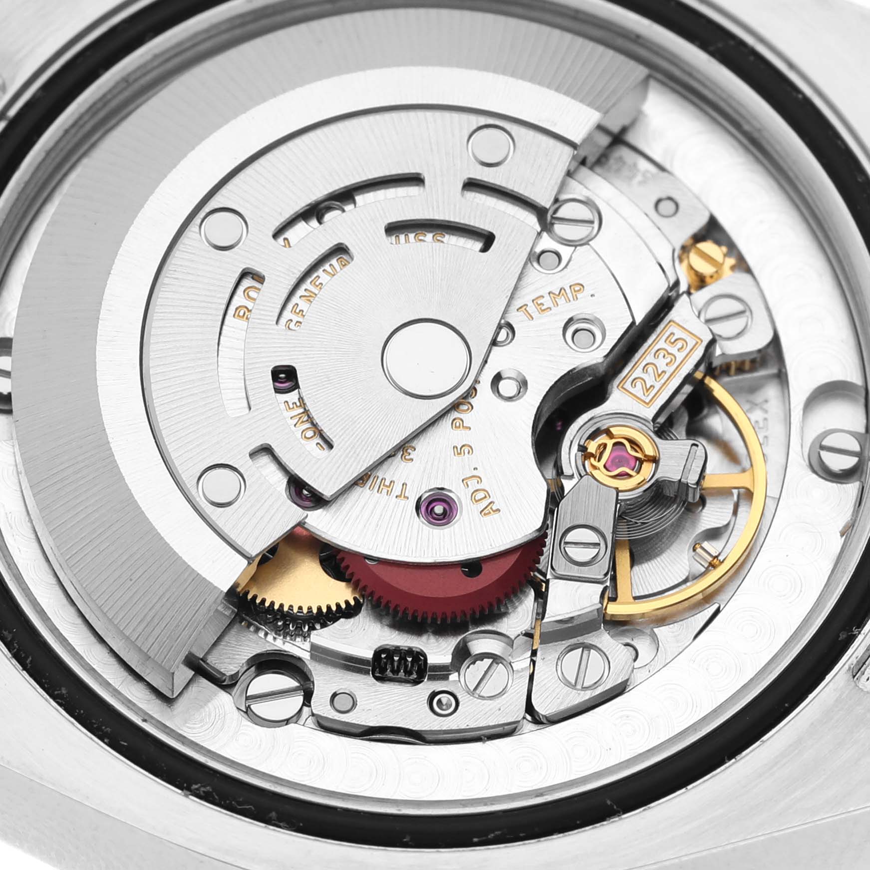 This image shows a close-up of the movement mechanism inside a Rolex Mid-Size 178341 Women's Steel and Gold (two tone) Brown Dial 178341 Women's Steel and Gold (two tone) Brown Dial watch.
