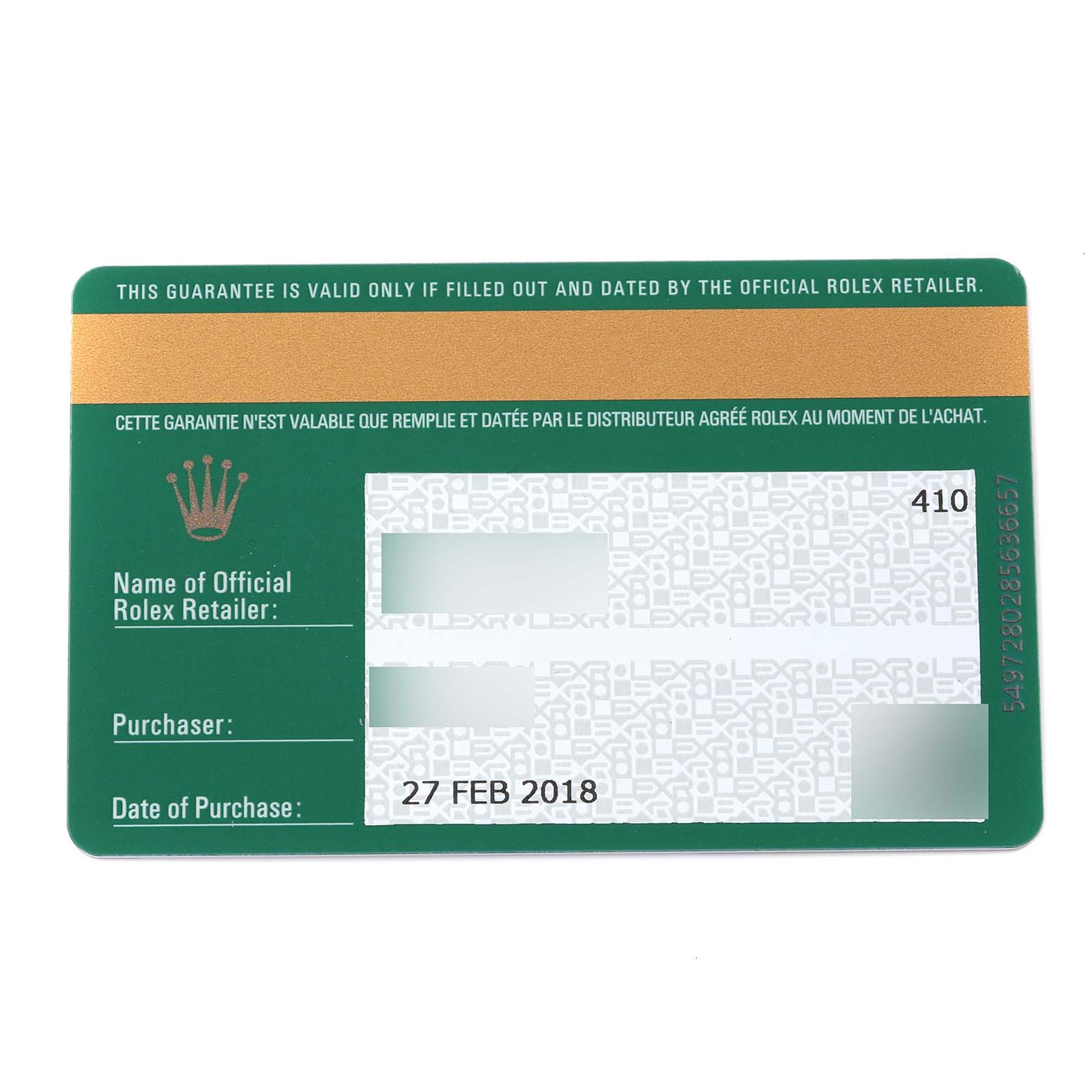 This image shows the warranty card for a Rolex Mid-Size 178341 Women's Steel and Gold (two tone) Brown Dial 178341 Women's Steel and Gold (two tone) Brown Dial model.