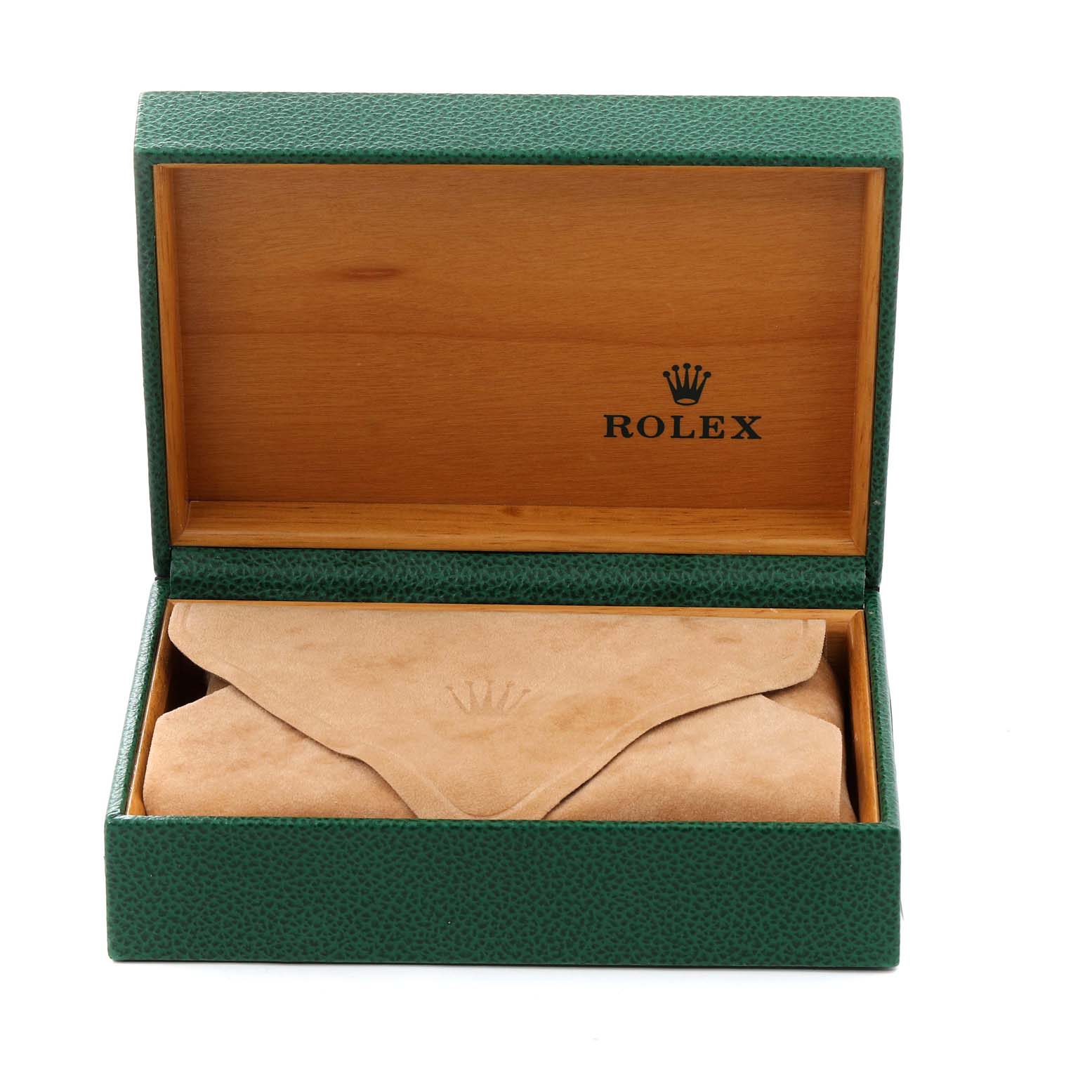This image shows an open Rolex Datejust 16234 Men's Stainless Steel Silver Dial 16234 Men's Stainless Steel Silver Dial watch box with a closed suede pouch inside.
