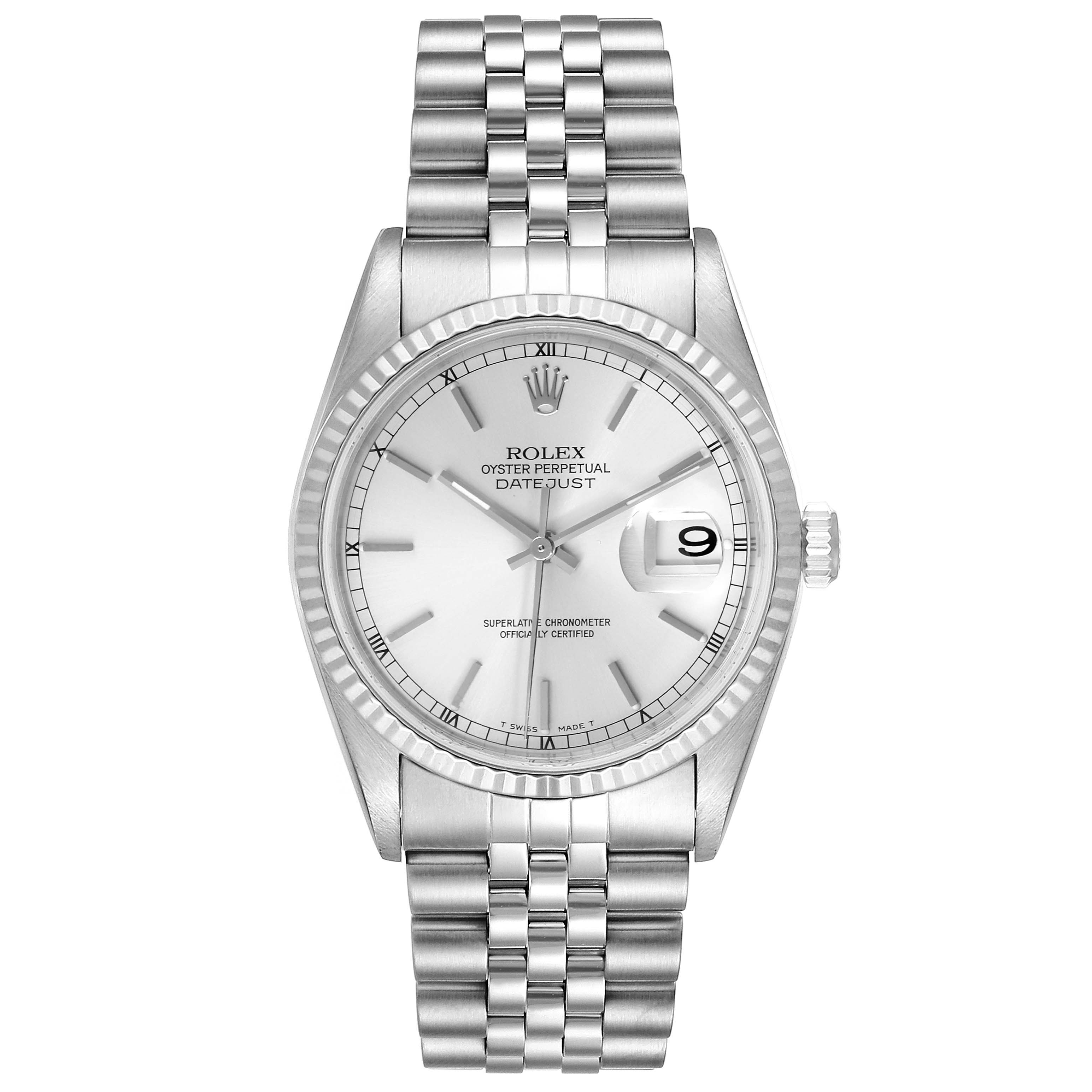 This image shows a frontal view of the Rolex Datejust 16234 Men's Stainless Steel Silver Dial 16234 Men's Stainless Steel Silver Dial watch, highlighting the dial, bezel, case, and bracelet.