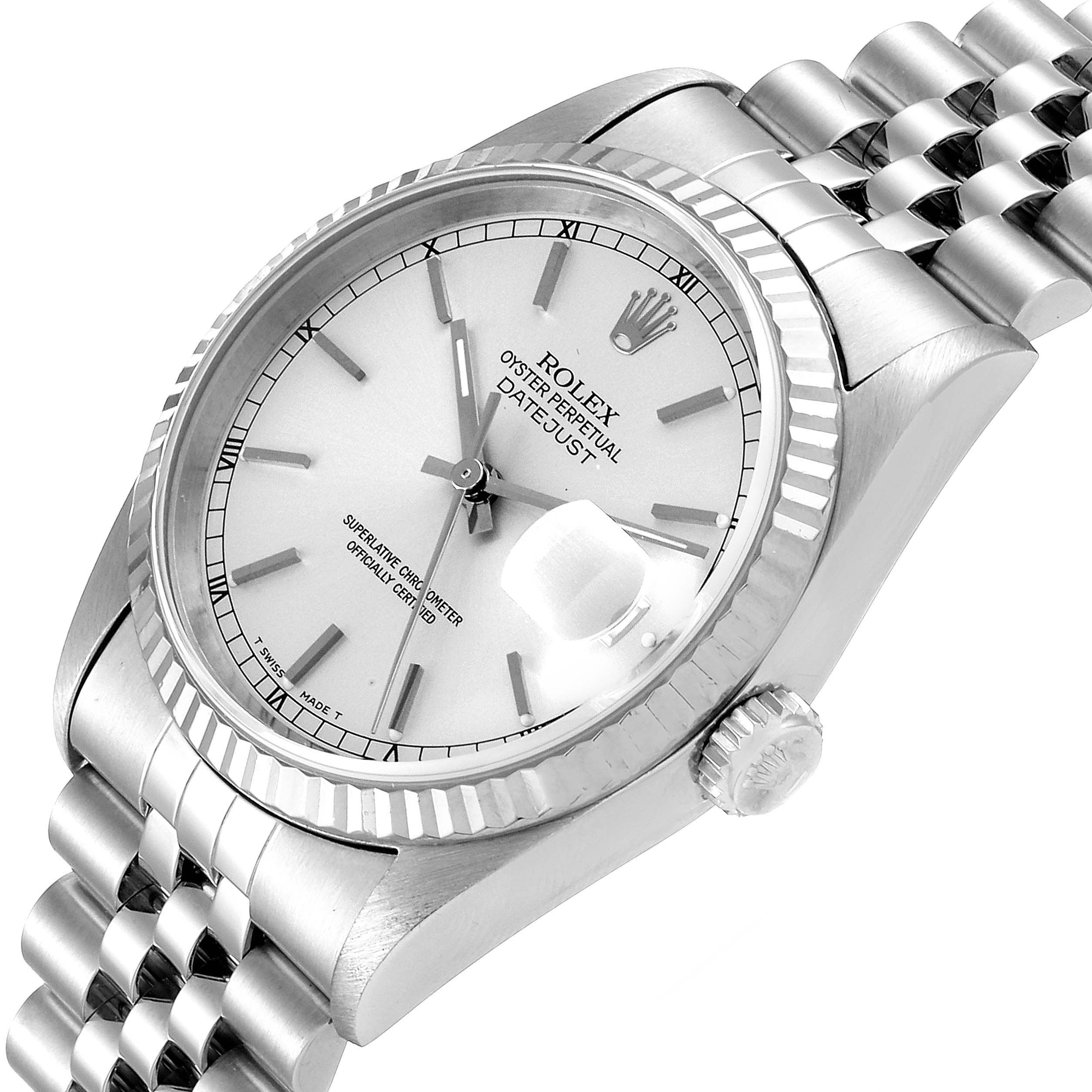 The Rolex Datejust 16234 Men's Stainless Steel Silver Dial 16234 Men's Stainless Steel Silver Dial watch is shown at a slight angle, displaying its face, bezel, crown, and part of the bracelet.