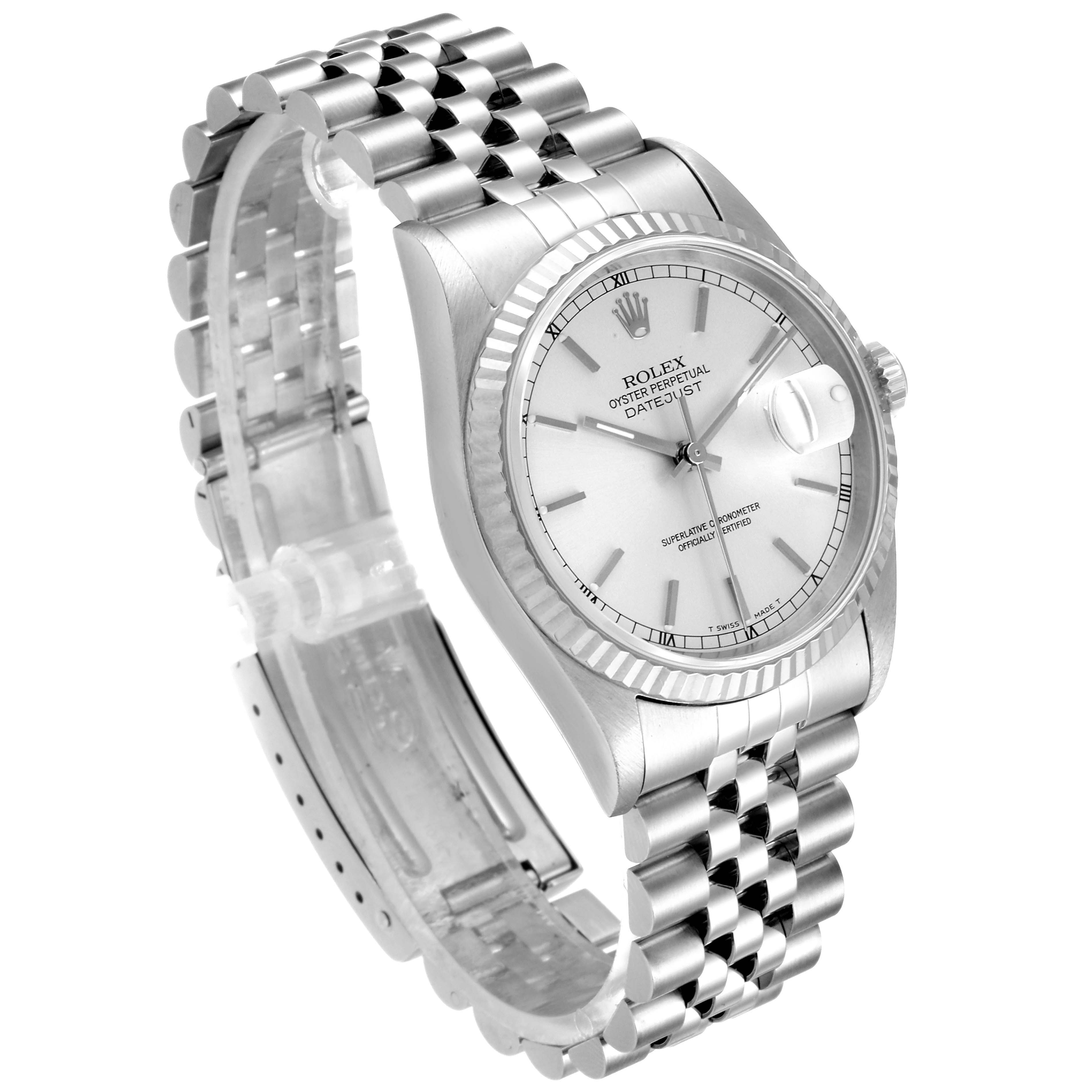 The image shows a Rolex Datejust 16234 Men's Stainless Steel Silver Dial 16234 Men's Stainless Steel Silver Dial watch at a three-quarter angle, highlighting the bezel, dial, bracelet, and clasp.