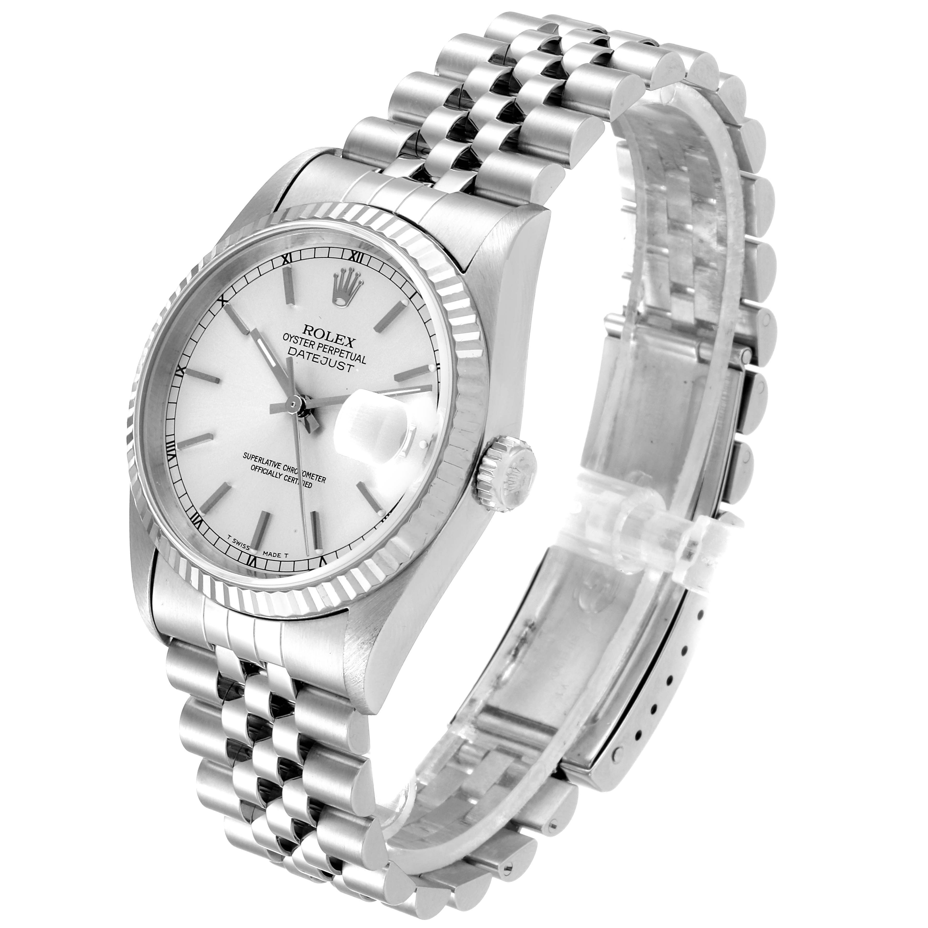 The image shows a Rolex Datejust 16234 Men's Stainless Steel Silver Dial 16234 Men's Stainless Steel Silver Dial watch at an angled side view, displaying the bezel, dial, crown, and bracelet.