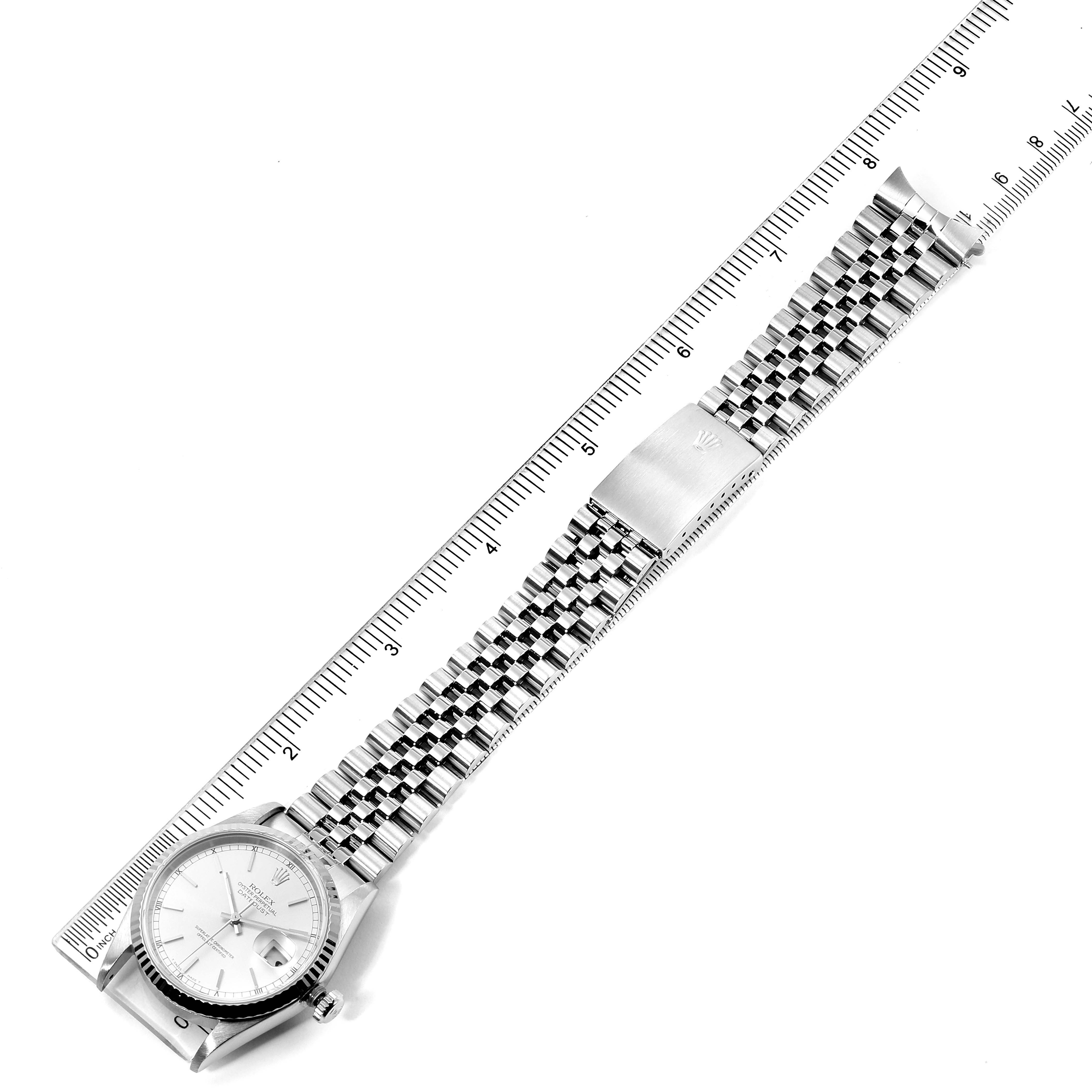 The image shows a Rolex Datejust 16234 Men's Stainless Steel Silver Dial 16234 Men's Stainless Steel Silver Dial watch laid flat, with its dial and entire bracelet visible, measured by a ruler.